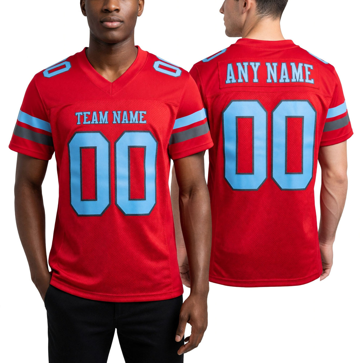 Custom Red Light Blue-Steel Gray Mesh Authentic Football Jersey worn front and back