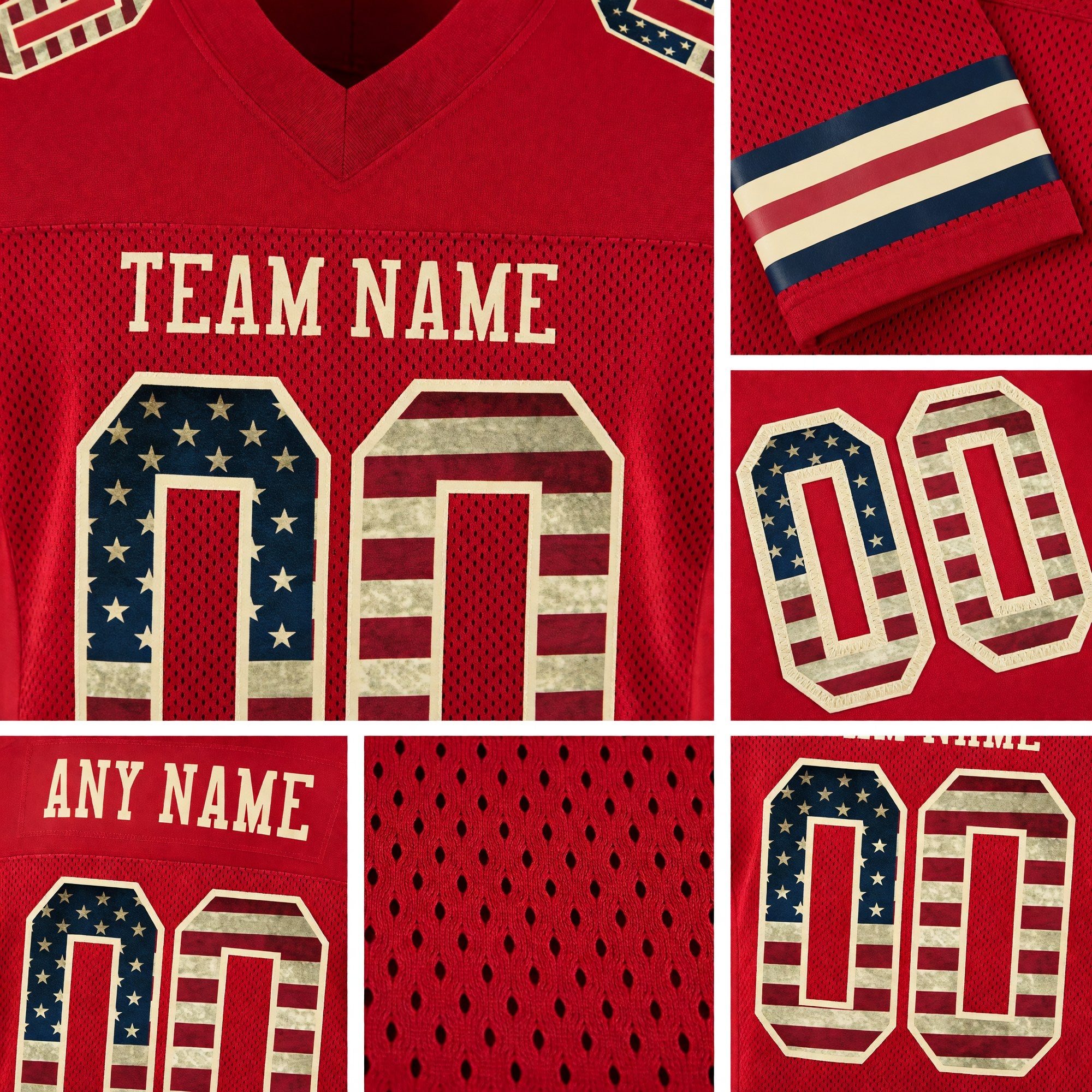 Custom Red Vintage USA Flag-City Cream Mesh Authentic Football Jersey detail