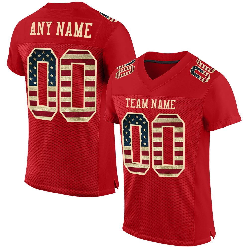 Custom Red Vintage USA Flag-City Cream Mesh Authentic Football Jersey photo 1