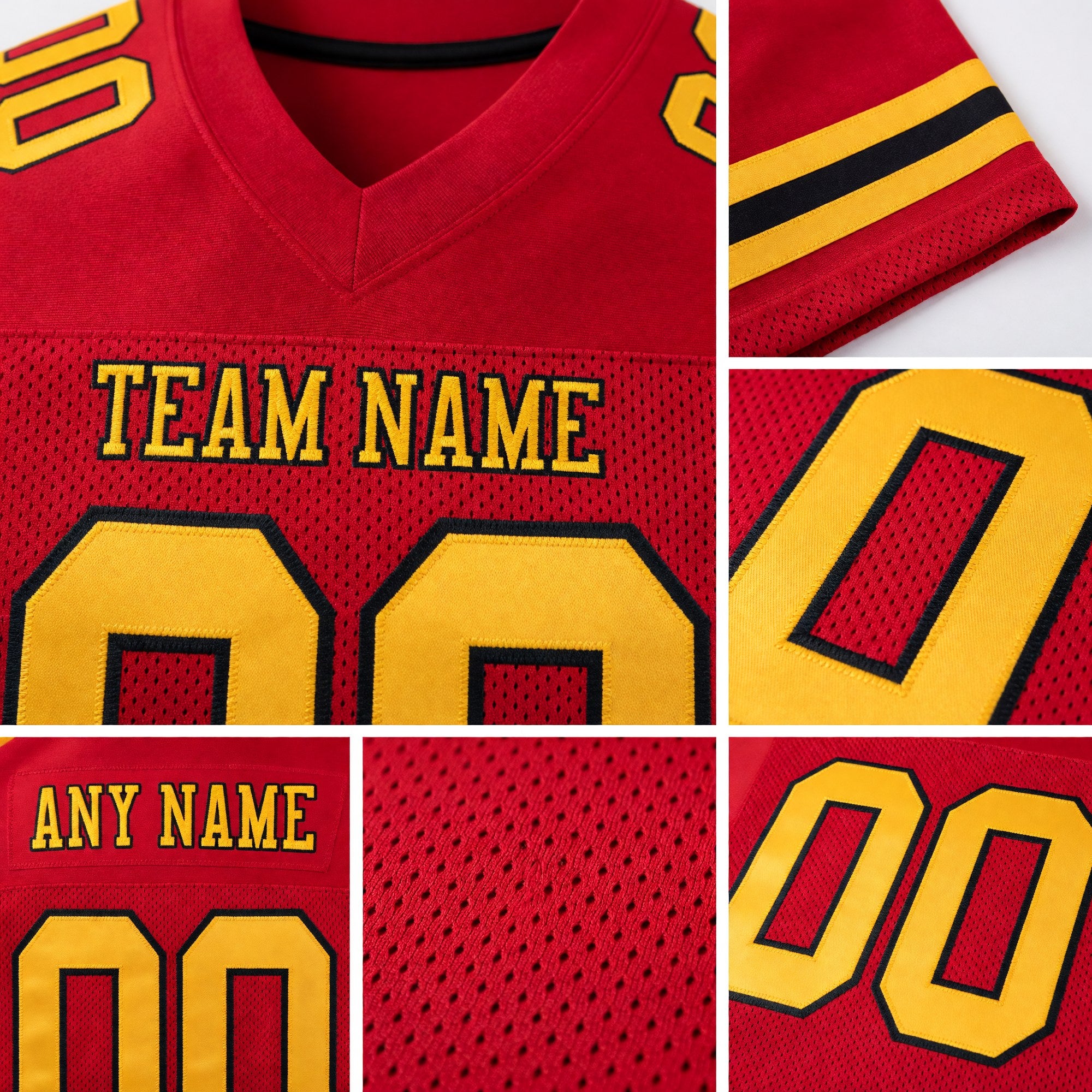 Custom Red Gold-Black Mesh Authentic Football Jersey detail