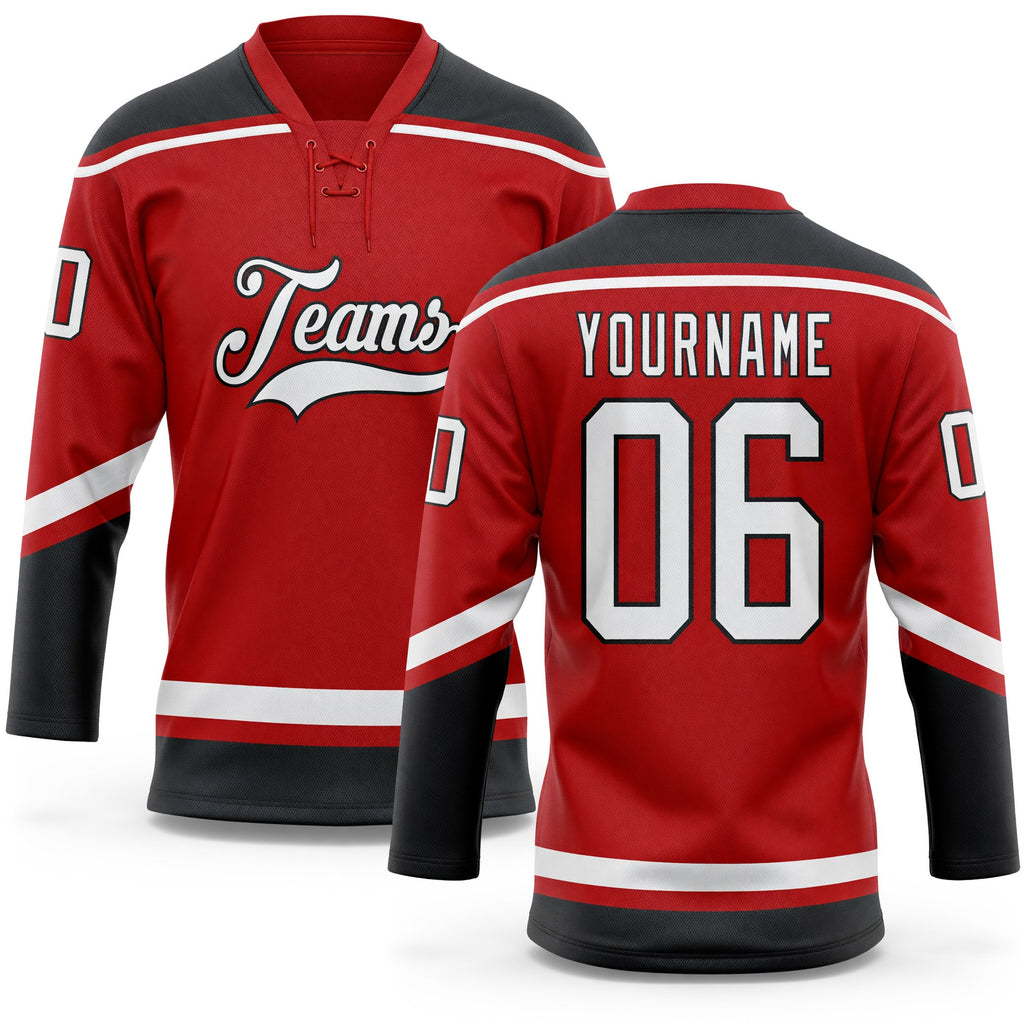 Custom Red White-Black Hockey Lace Neck Jersey