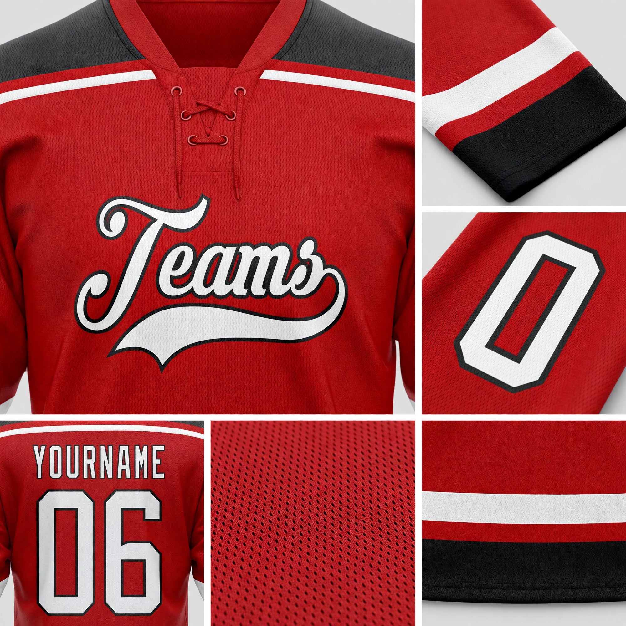 Custom Red White-Black Hockey Lace Neck Jersey detail