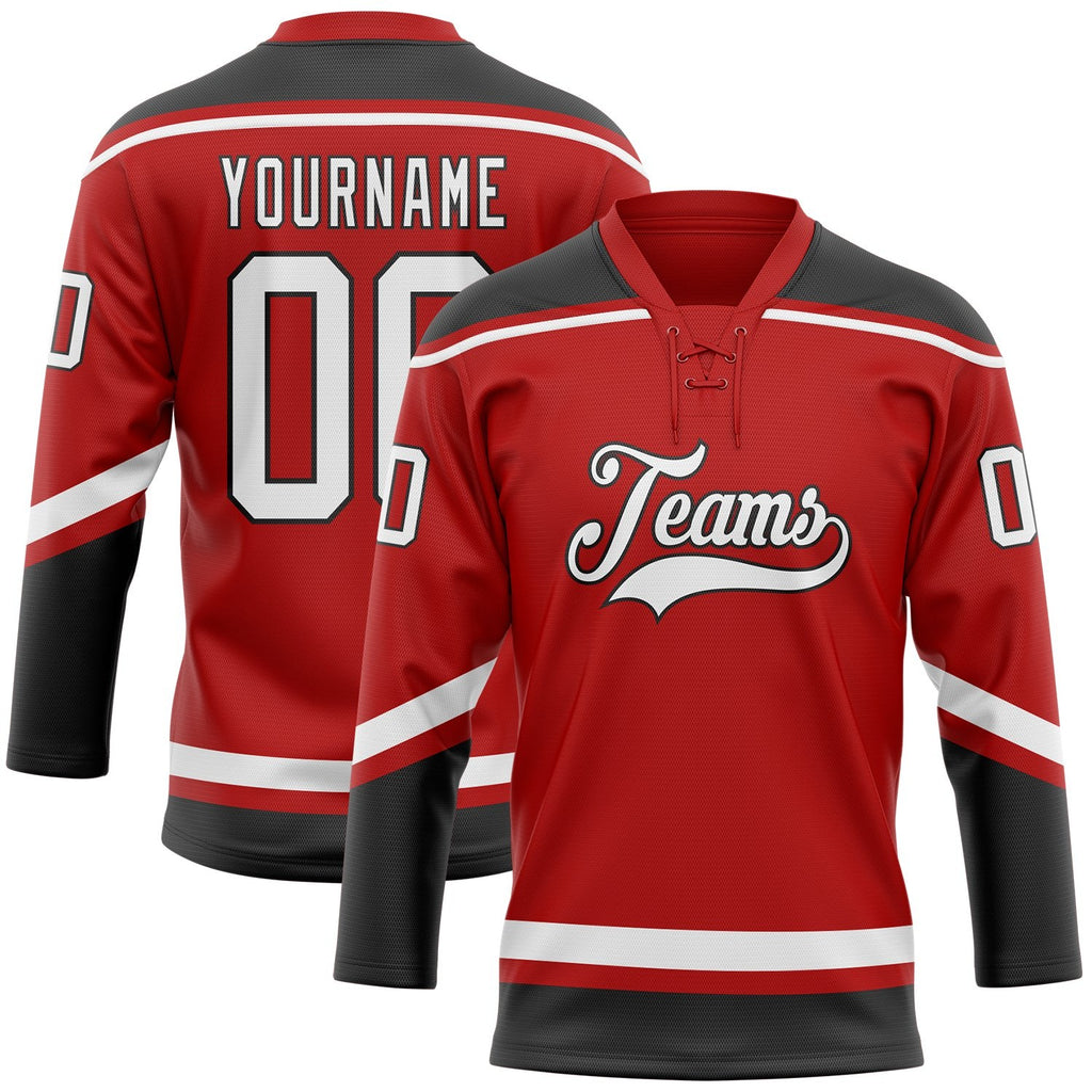Custom Red White-Black Hockey Lace Neck Jersey photo 1
