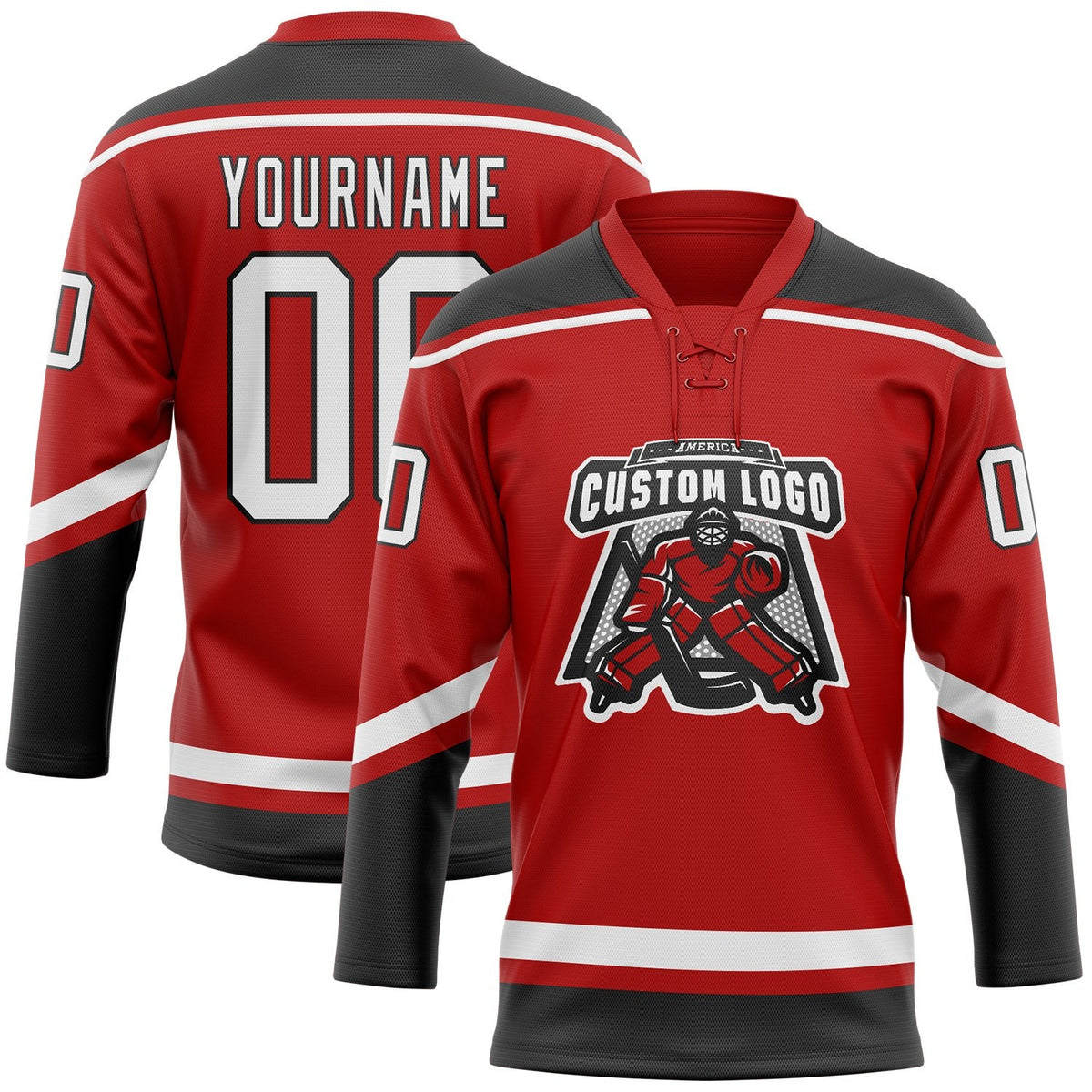 Custom Red White-Black Hockey Lace Neck Jersey photo 2