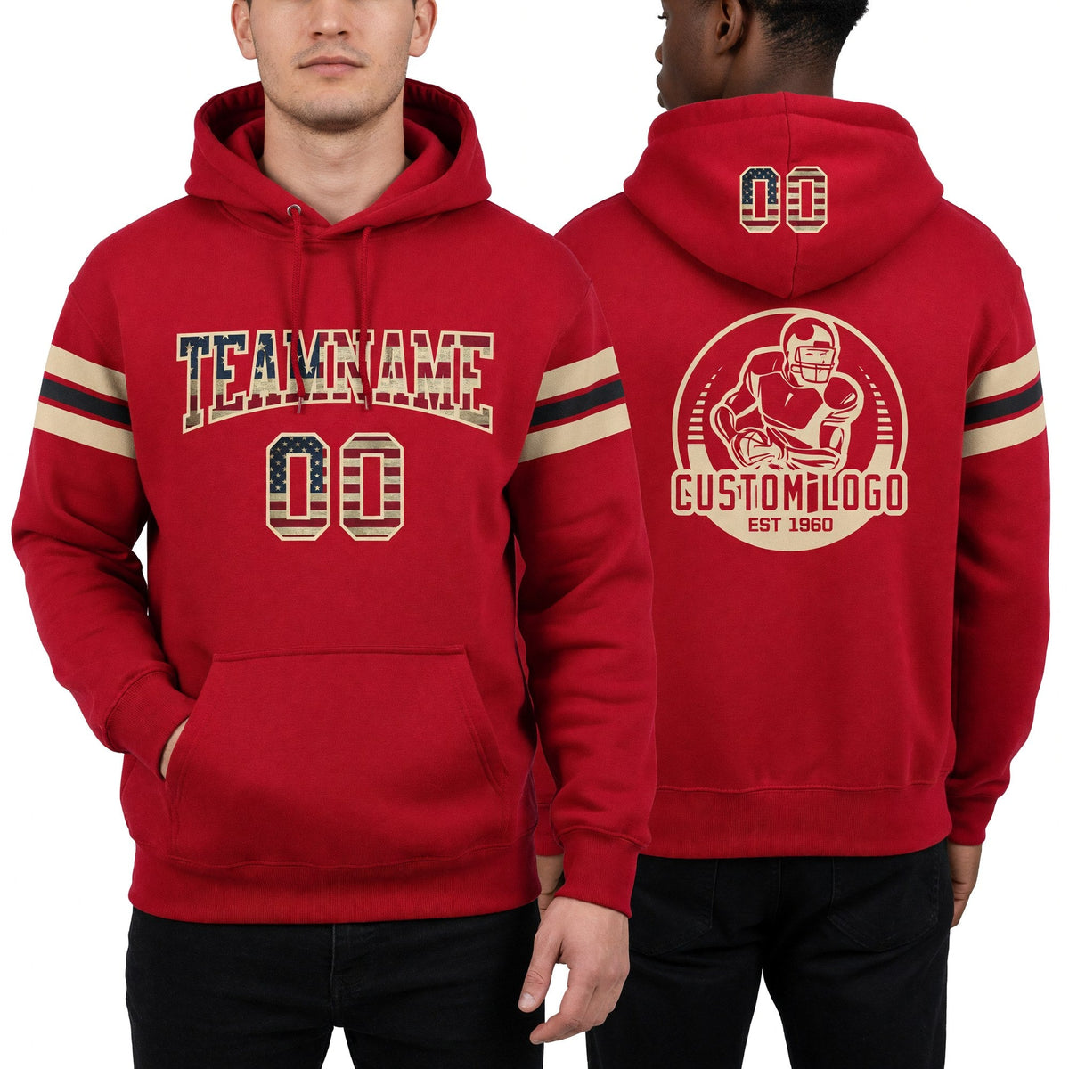 Custom Stitched Red Vintage USA Flag City Cream-Black Football Pullover Sweatshirt Hoodie worn front and back