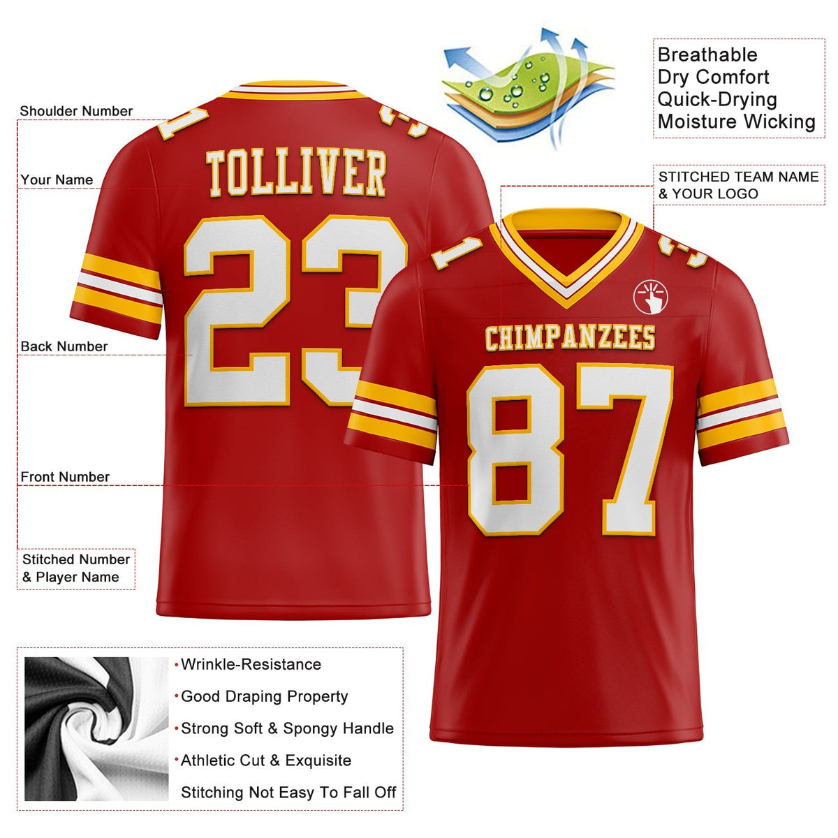 Custom Red White-Gold Authentic Football Jersey photo 2