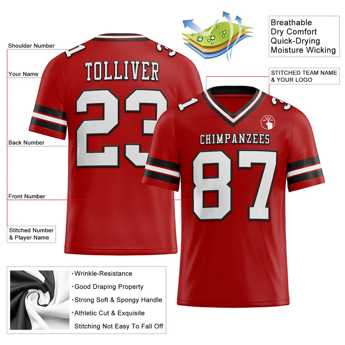 Custom Red White-Black Authentic Football Jersey photo 2