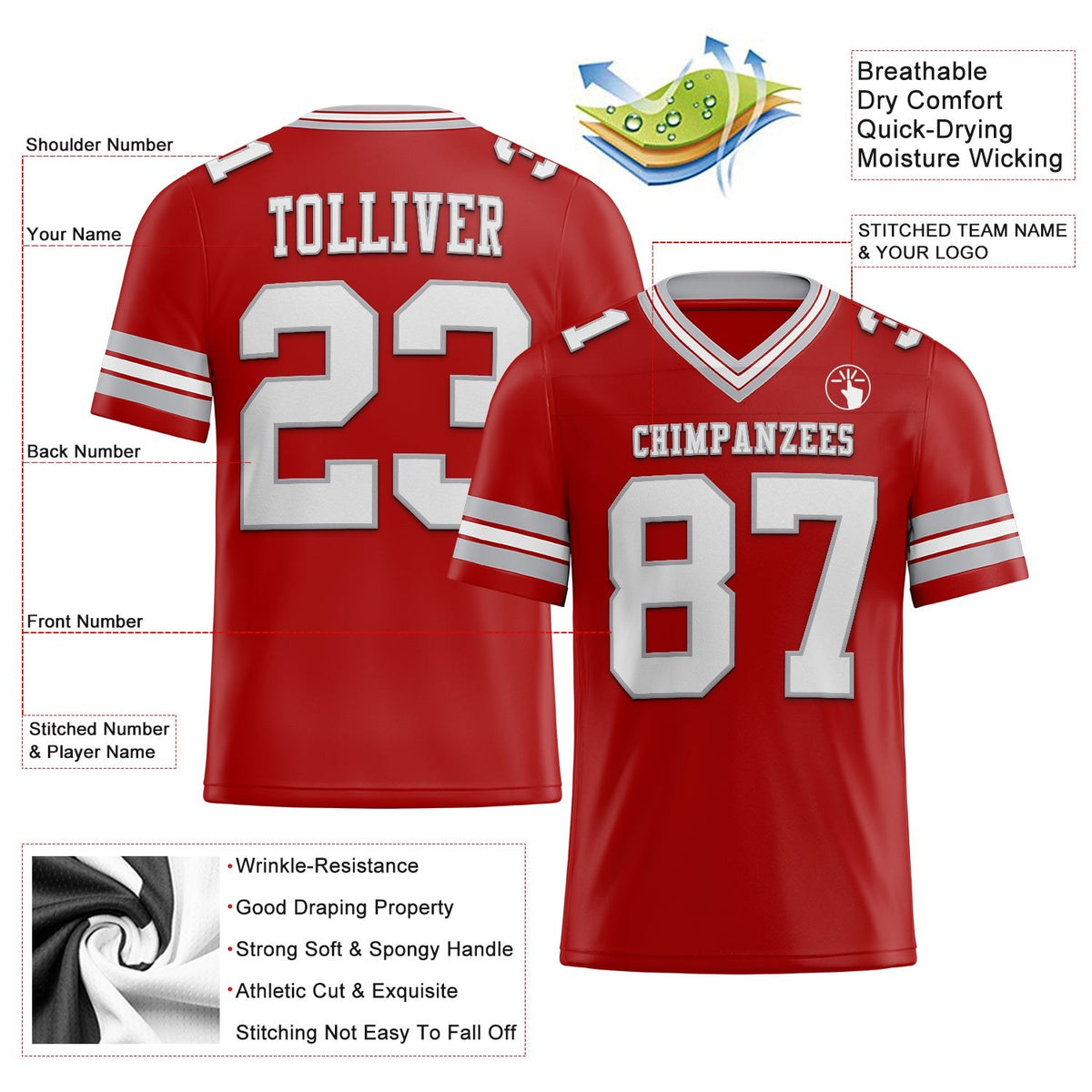 Custom Red White-Gray Authentic Football Jersey photo 2