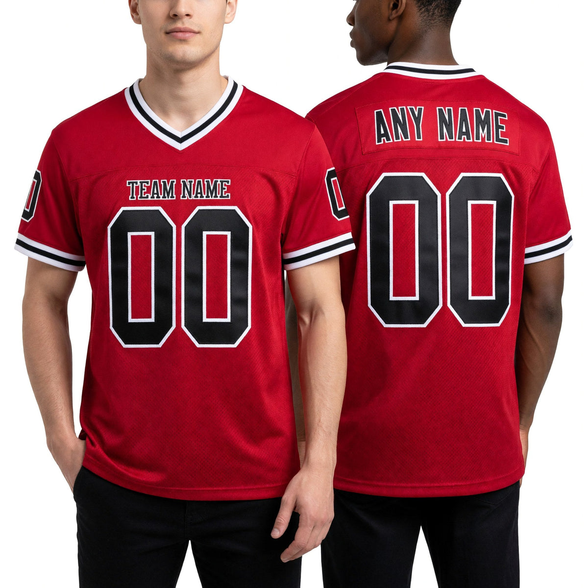 Custom Red Black-White Mesh Authentic Throwback Football Jersey worn front and back