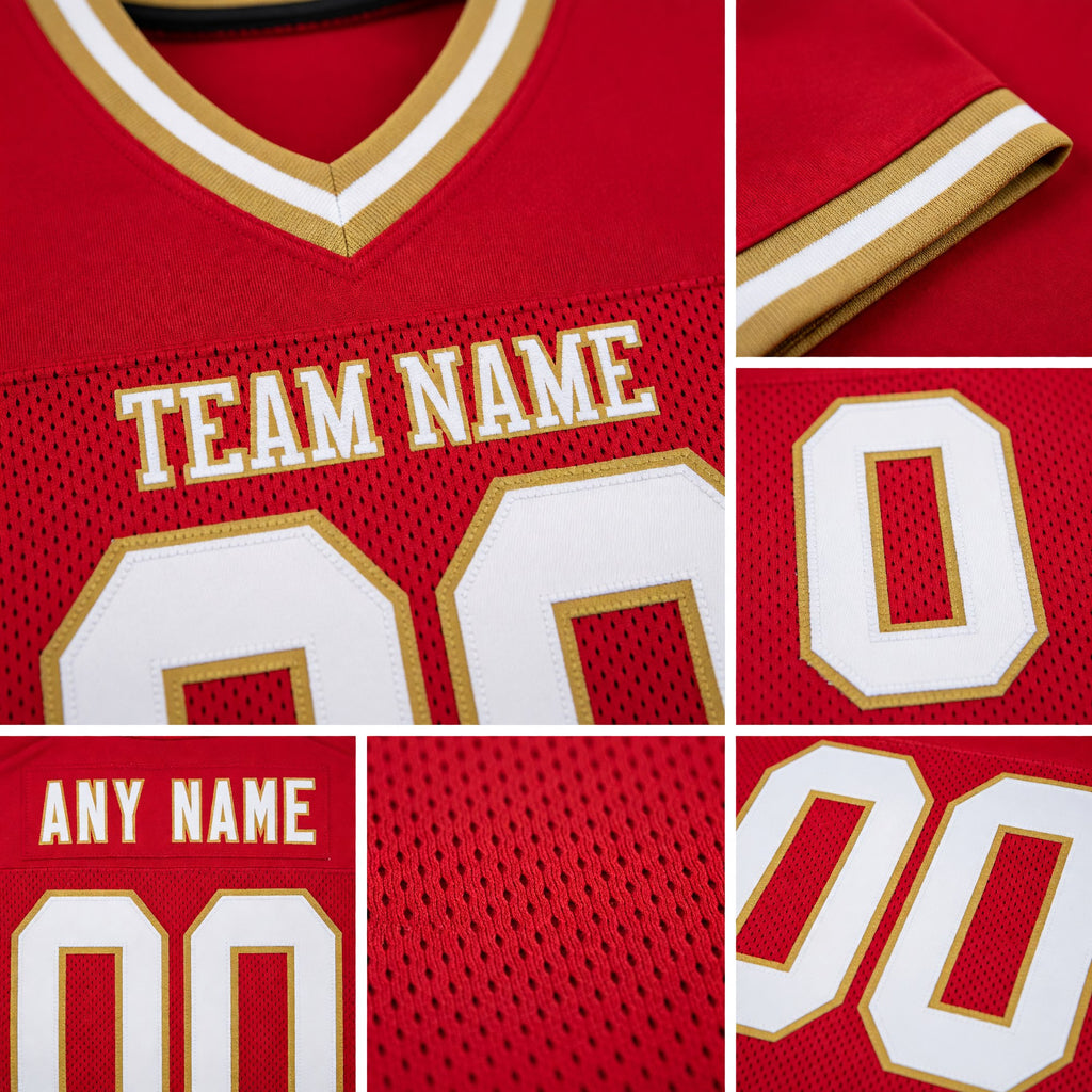 Custom Red White-Old Gold Mesh Authentic Throwback Football Jersey detail