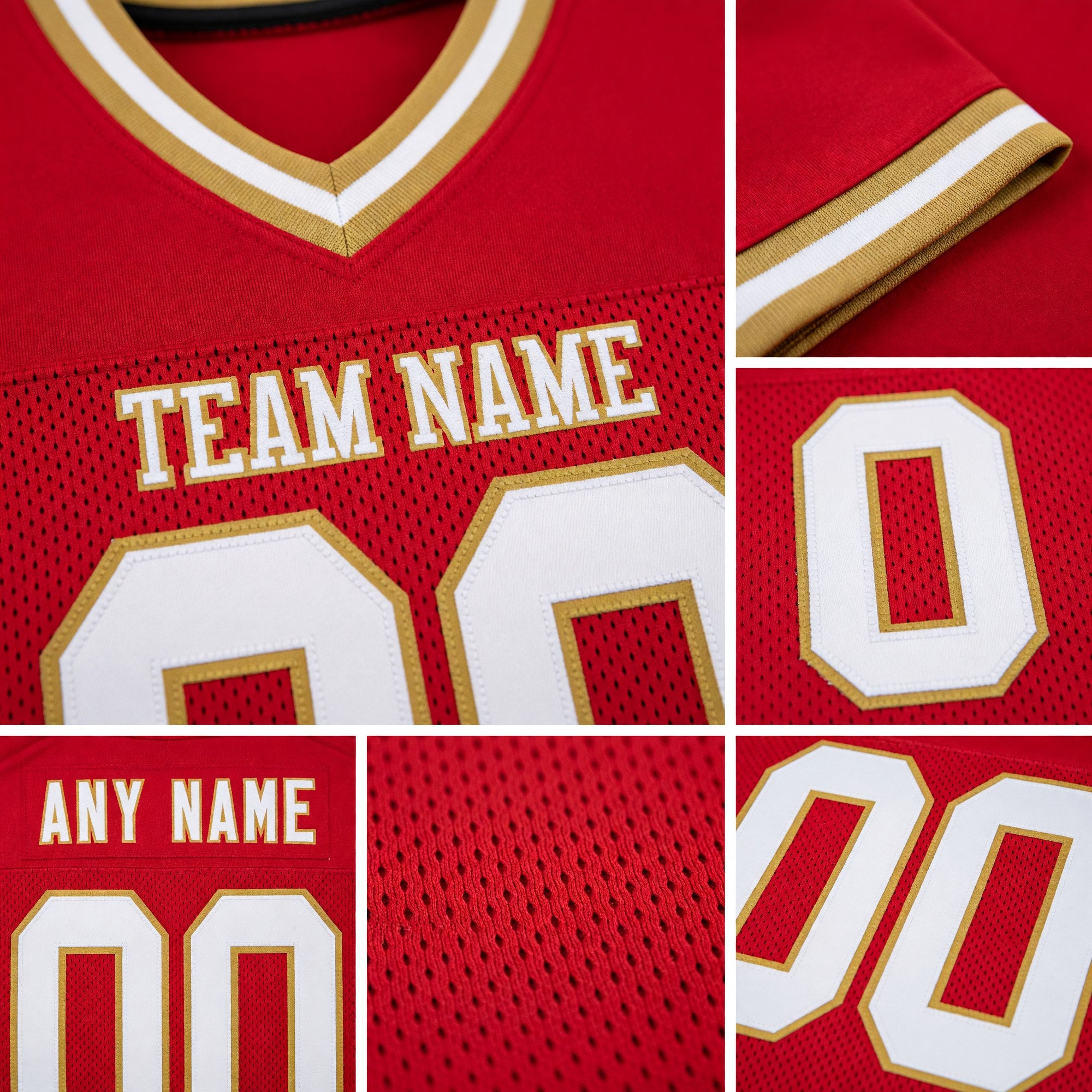 Custom Red White-Old Gold Mesh Authentic Throwback Football Jersey detail