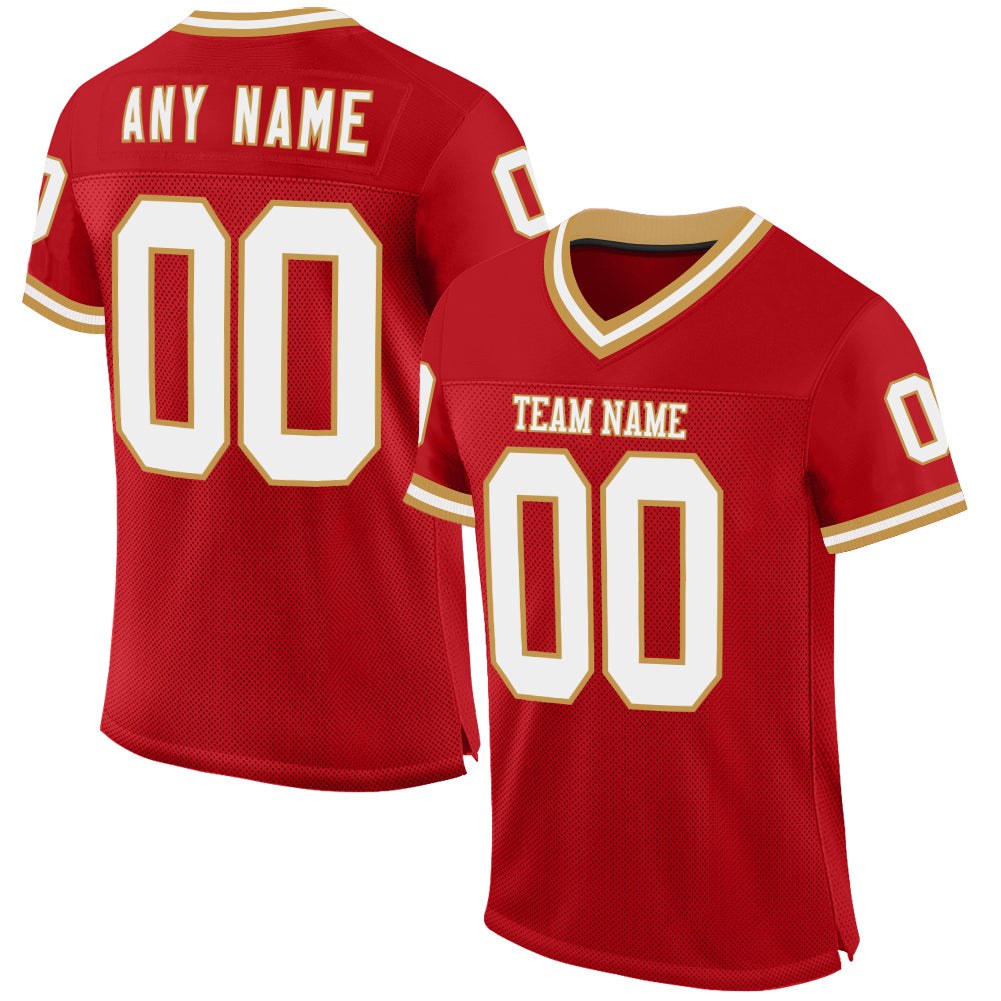 Custom Red White-Old Gold Mesh Authentic Throwback Football Jersey photo 1