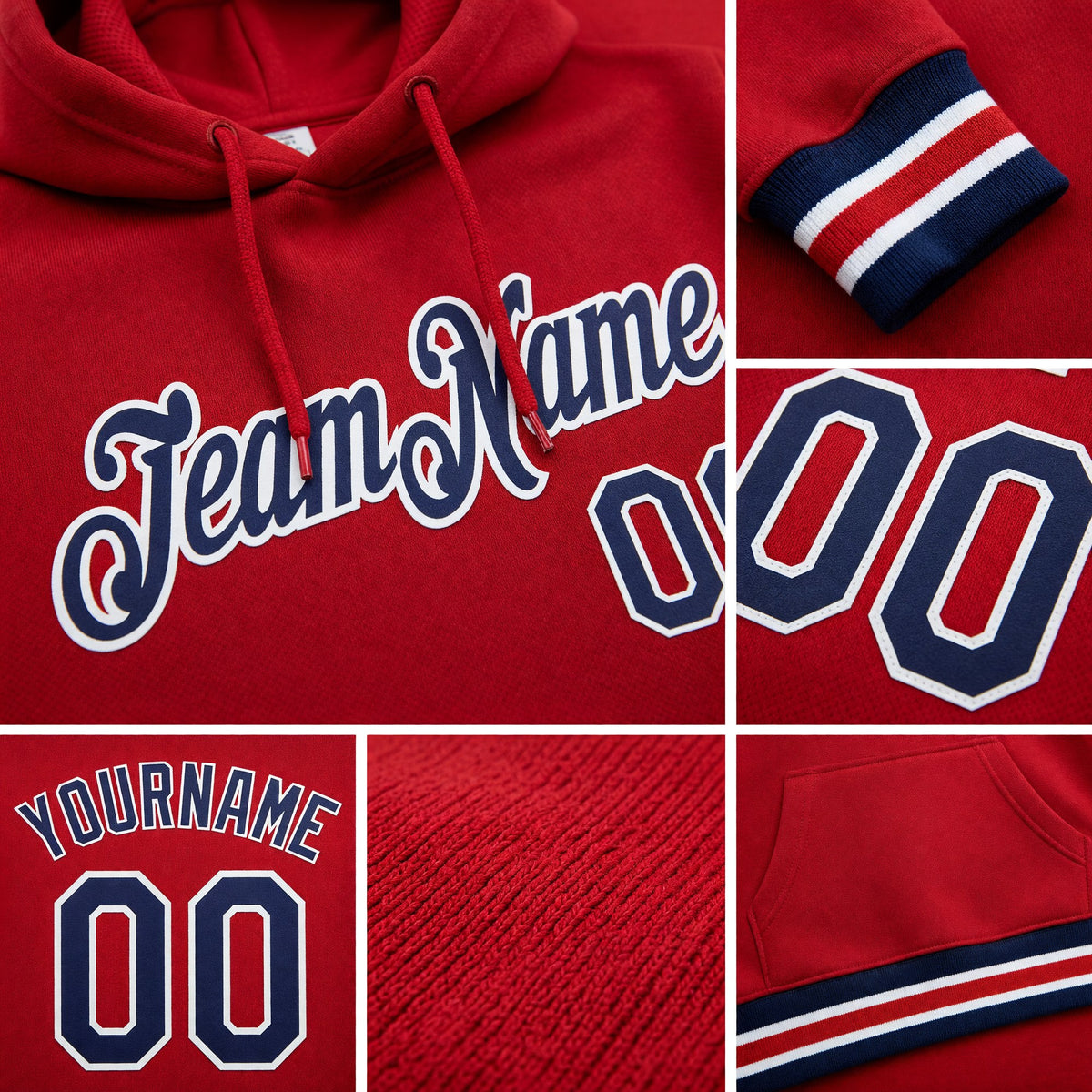 Custom Stitched Red Navy-White Sports Pullover Sweatshirt Hoodie detail