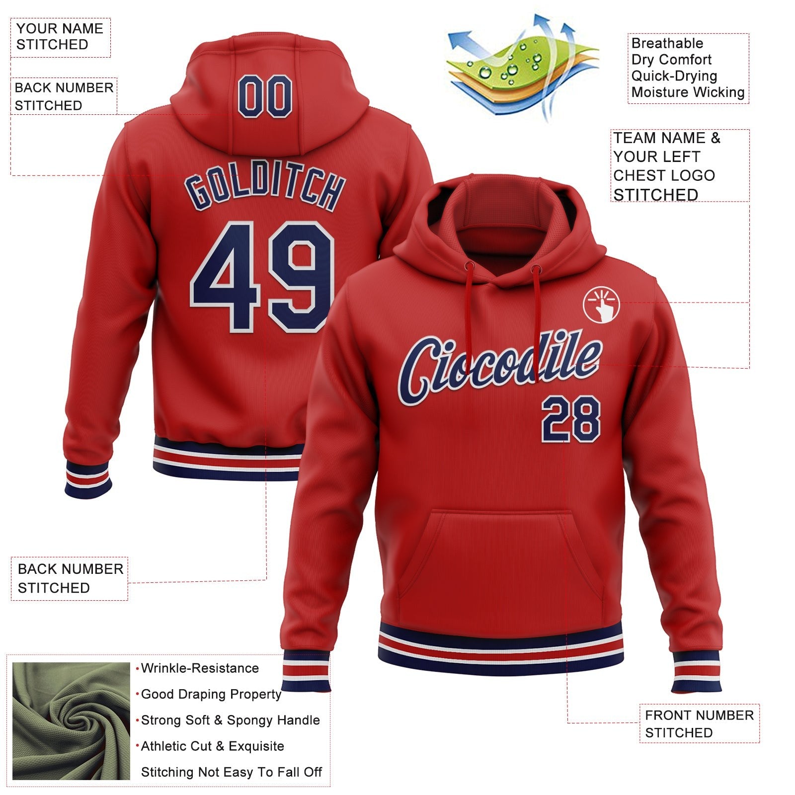 Custom Stitched Red Navy-White Sports Pullover Sweatshirt Hoodie photo 3