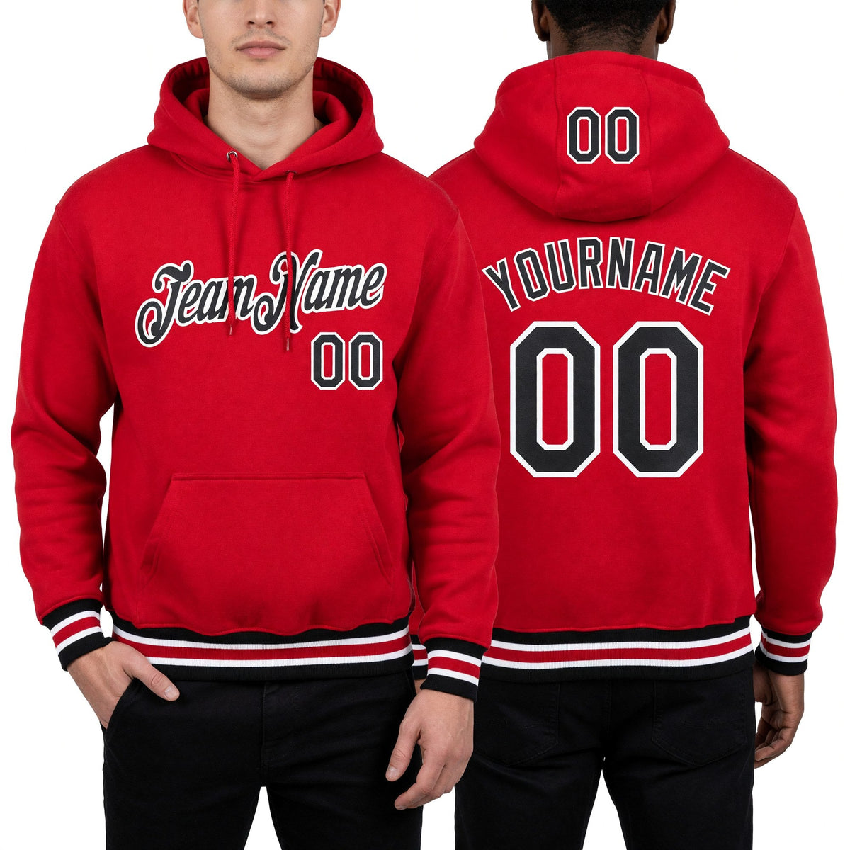 Custom Stitched Red Black-White Sports Pullover Sweatshirt Hoodie worn front and back