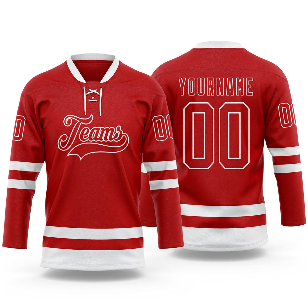 Custom Red White Hockey Lace Neck Jersey