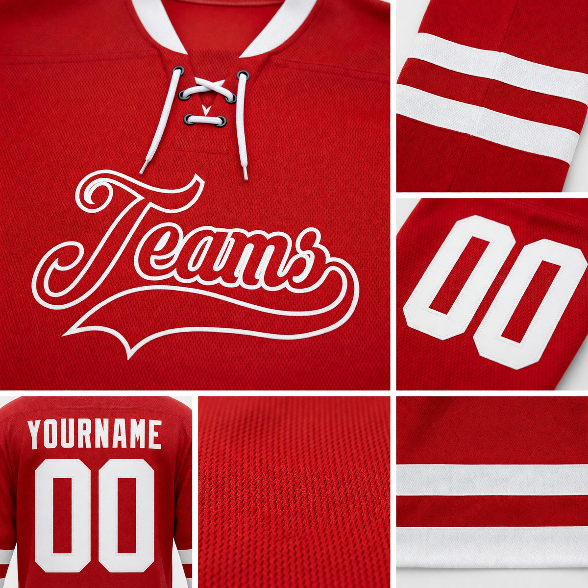 Custom Red White Hockey Lace Neck Jersey detail