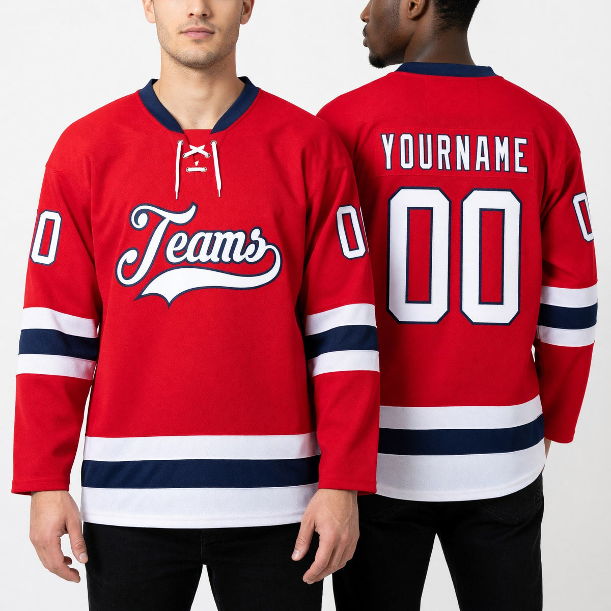 Custom Red White-Navy Hockey Lace Neck Jersey worn front and back
