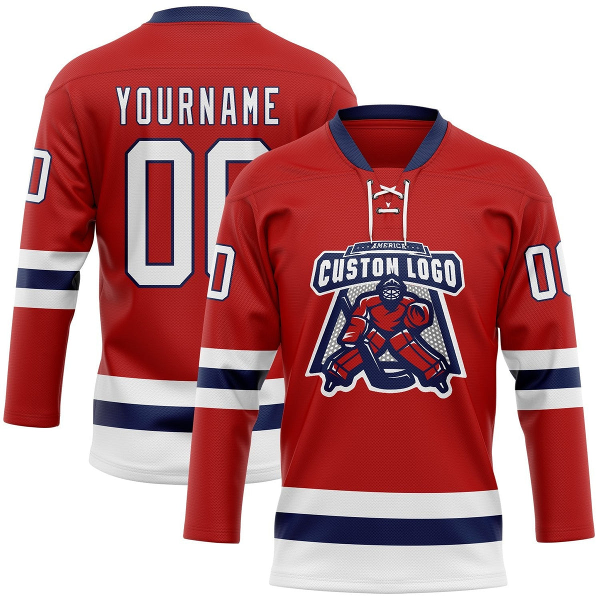 Custom Red White-Navy Hockey Lace Neck Jersey photo 2