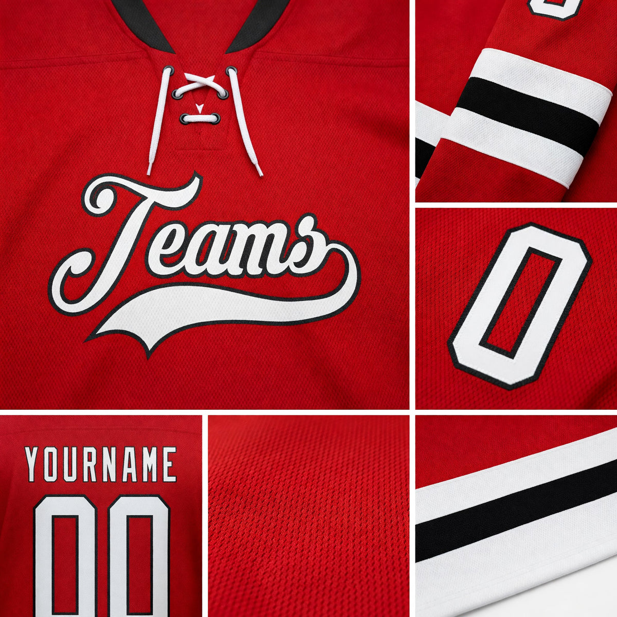 Custom Red White-Black Hockey Lace Neck Jersey detail