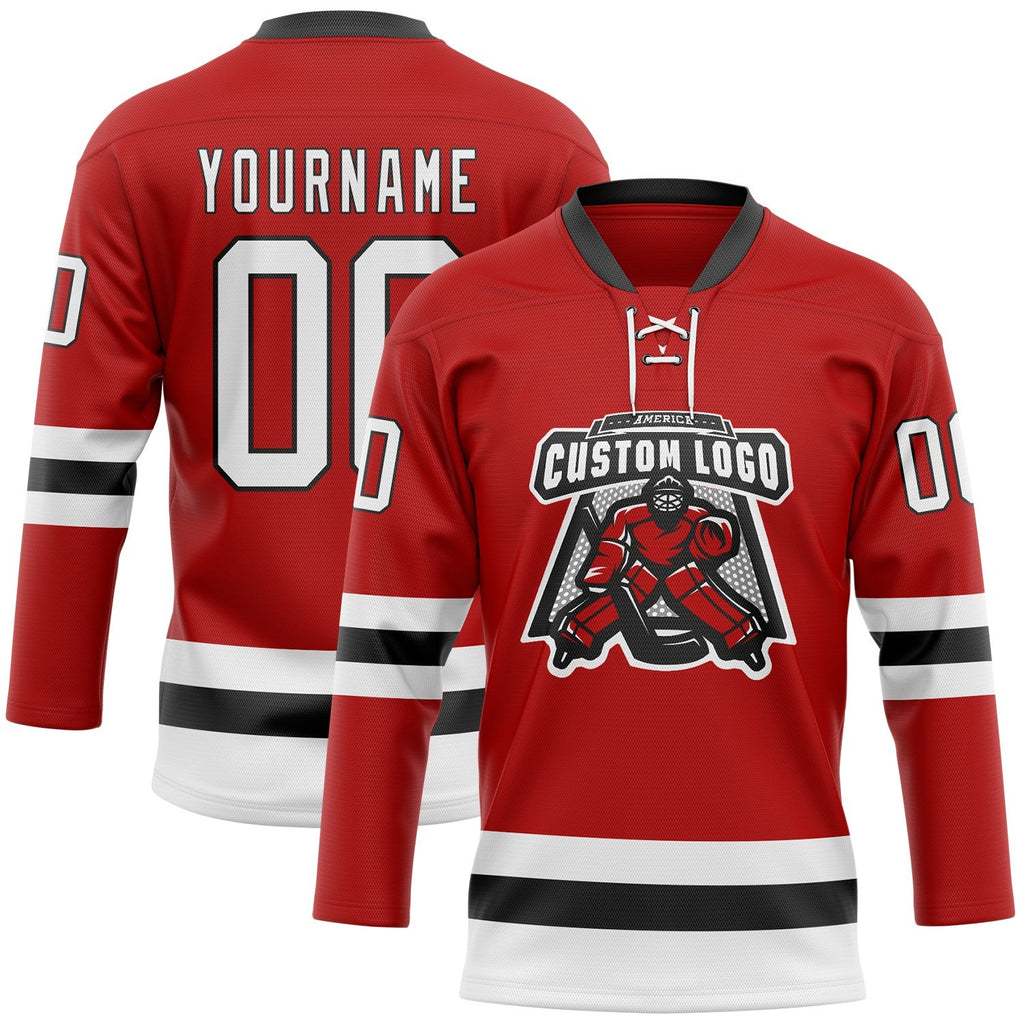Custom Red White-Black Hockey Lace Neck Jersey photo 2