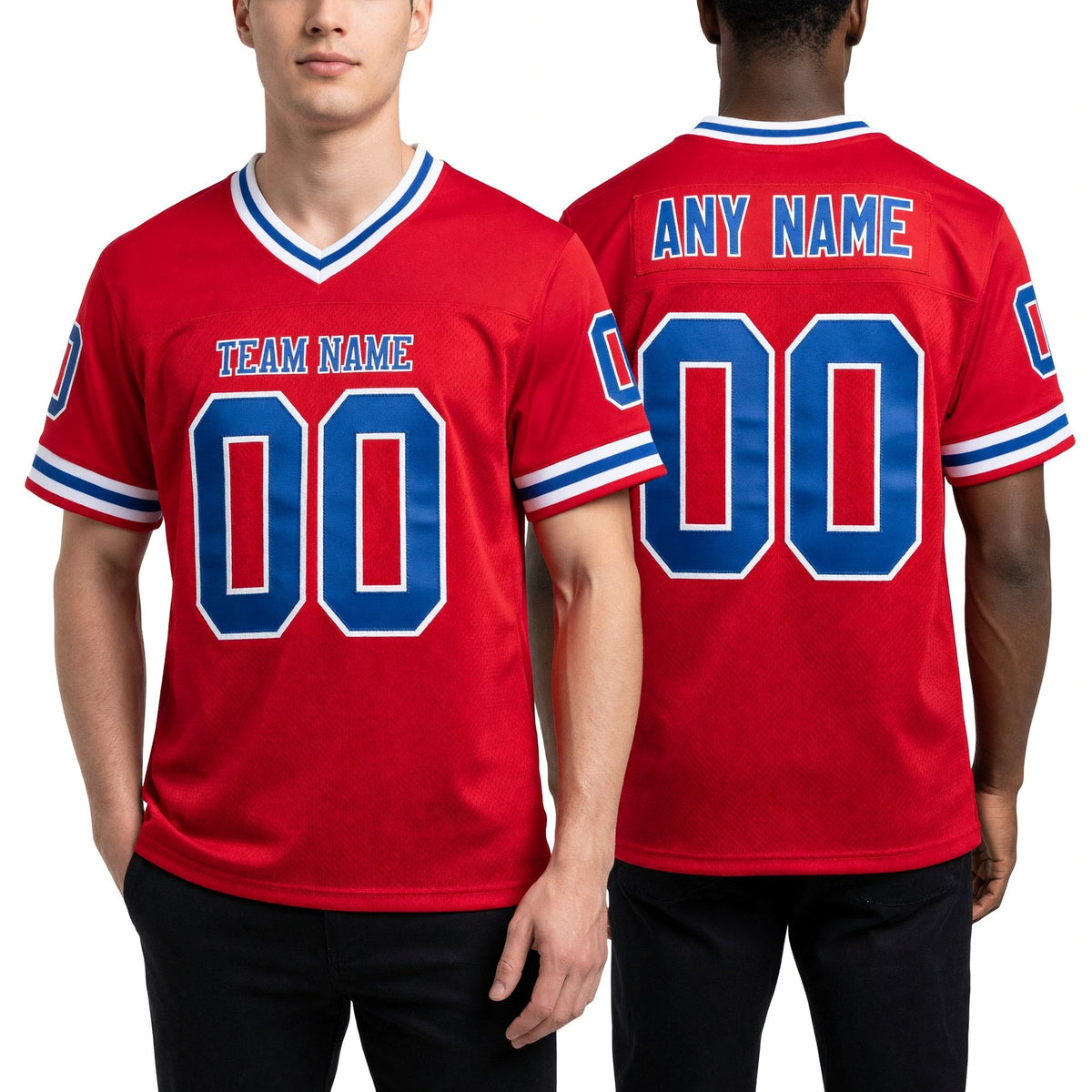 Custom Red Royal-White Mesh Authentic Throwback Football Jersey worn front and back