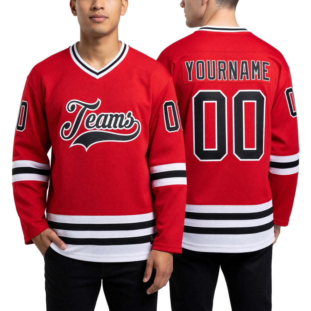 Custom Red Black-White Hockey Jersey worn front and back