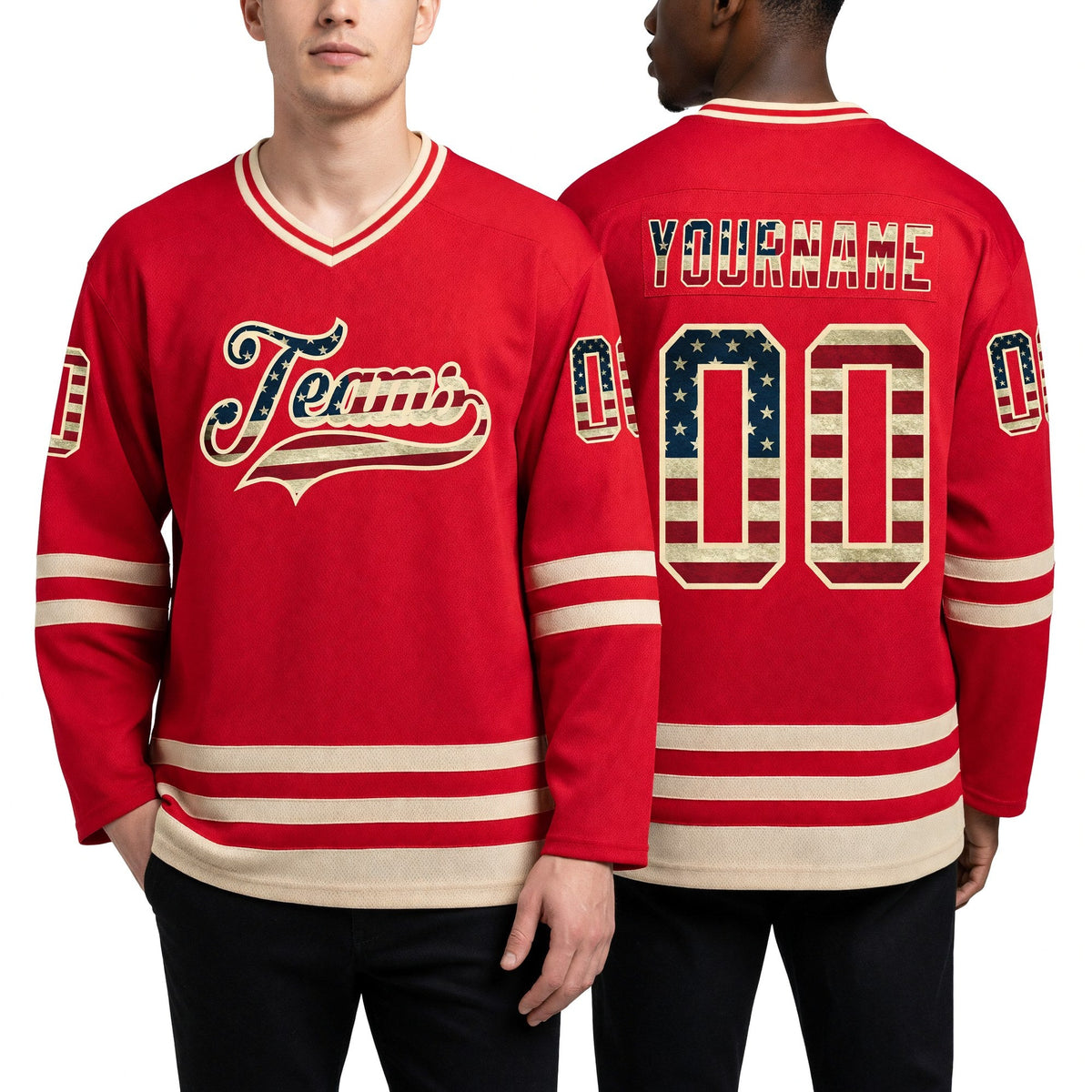 Custom Red Vintage USA Flag-Cream Hockey Jersey worn front and back