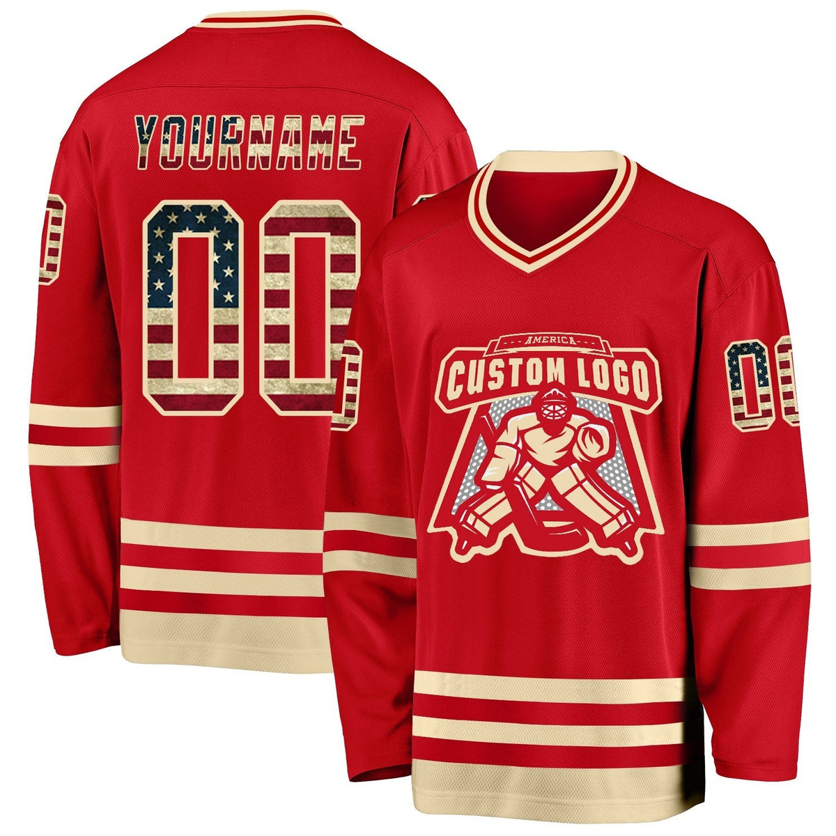 Custom Red Vintage USA Flag-Cream Hockey Jersey photo 2