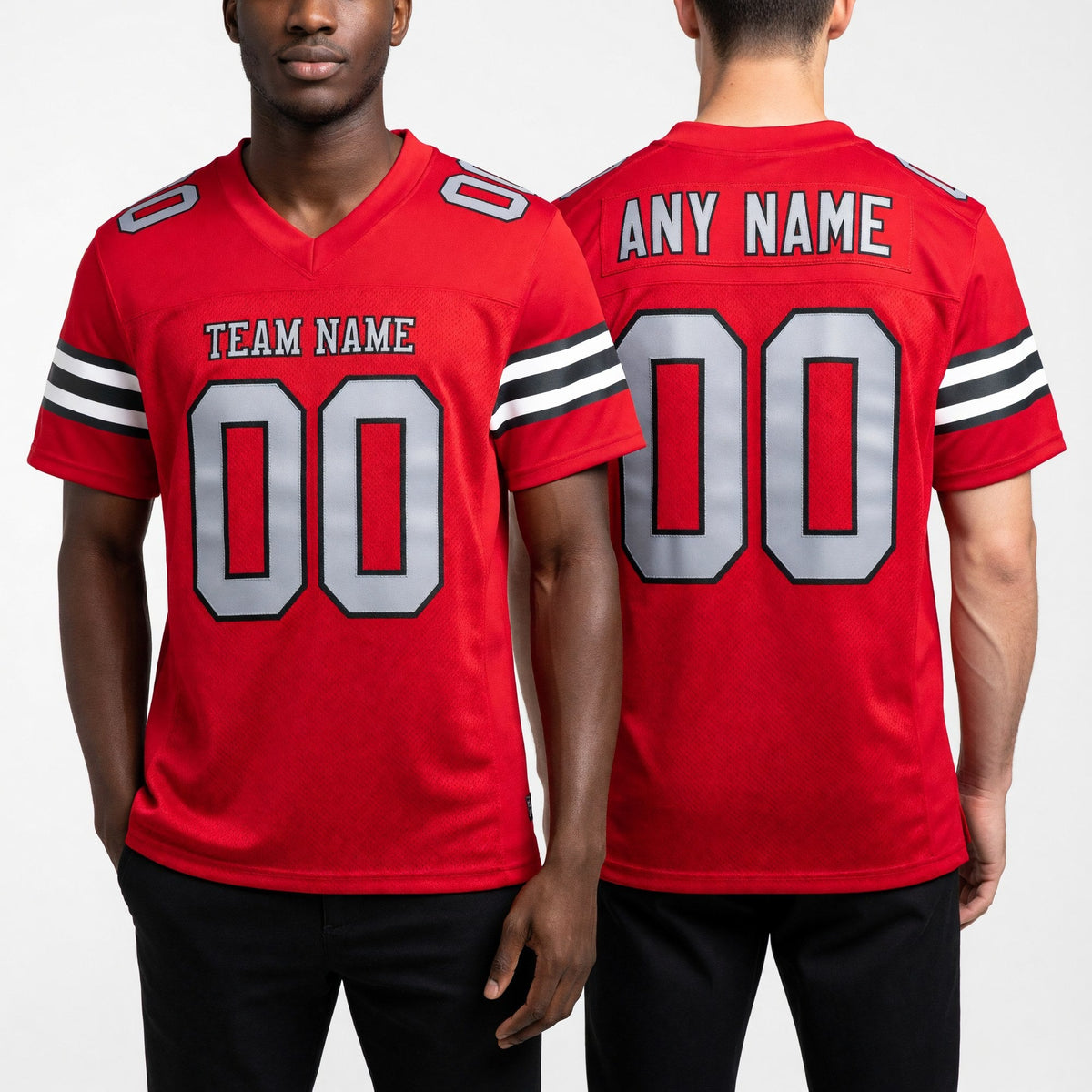 Custom Red Gray-Black Mesh Authentic Football Jersey worn front and back