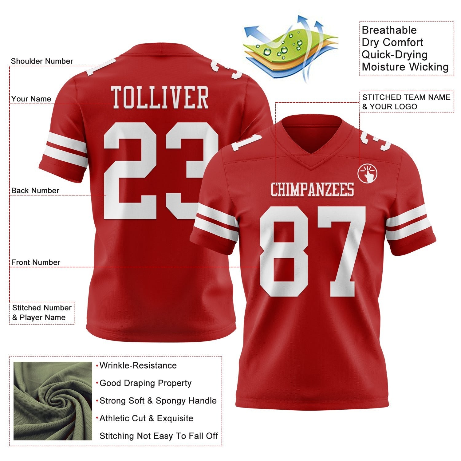 Custom Red White Authentic Football Jersey photo 3
