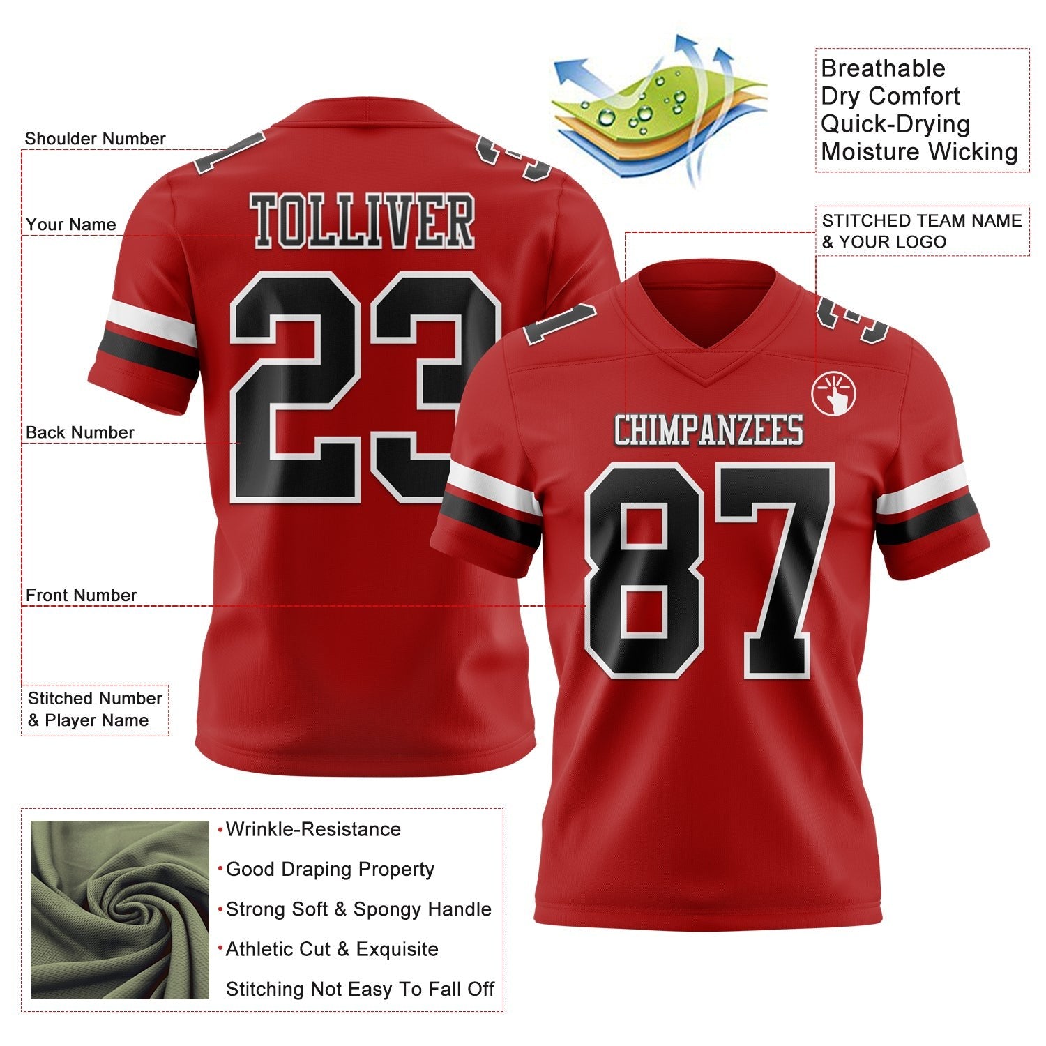 Custom Red Black-White Authentic Football Jersey photo 3