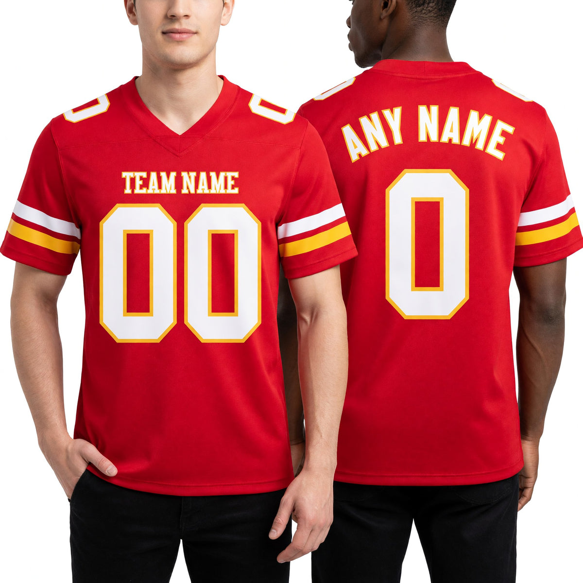 Custom Red White-Old Gold Authentic Football Jersey worn front and back