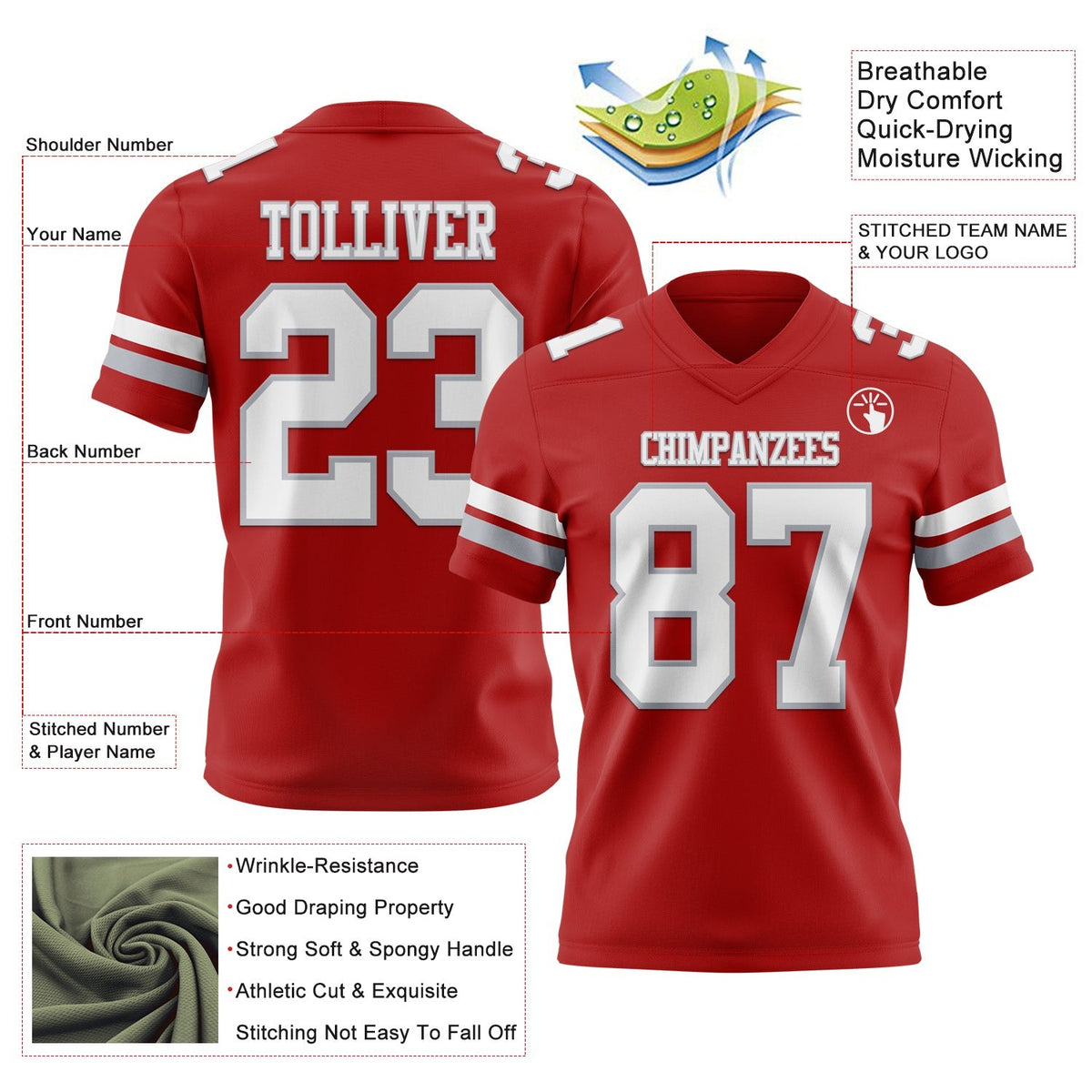 Custom Red White-Gray Authentic Football Jersey photo 3
