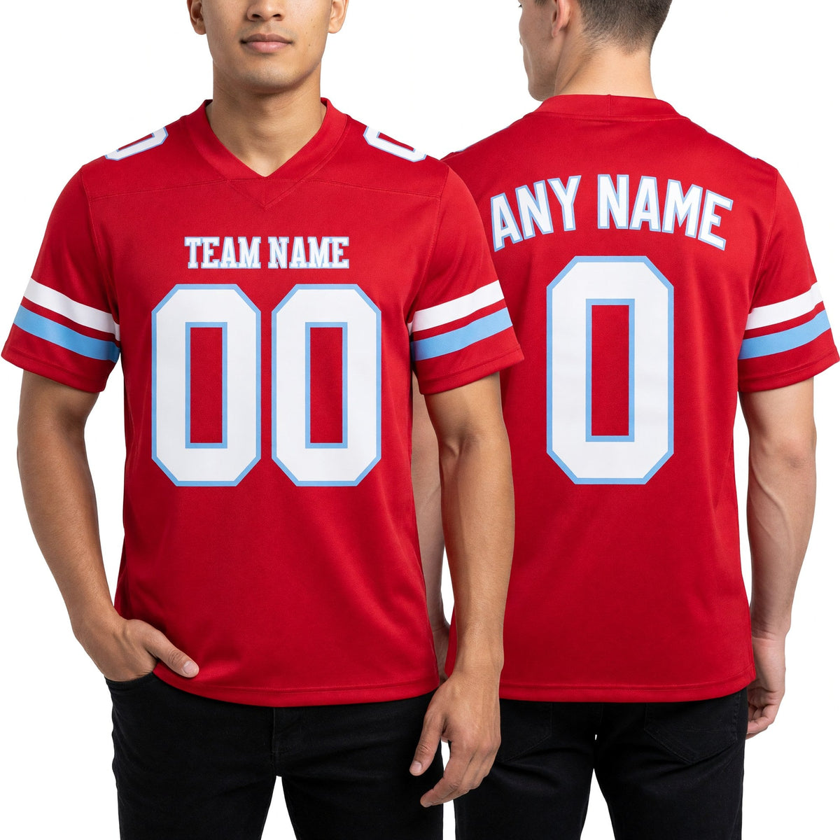 Custom Red White-Light Blue Authentic Football Jersey worn front and back