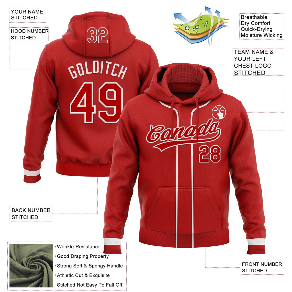 Custom Stitched Red White Baseball Pullover Sweatshirt Hoodie photo 2