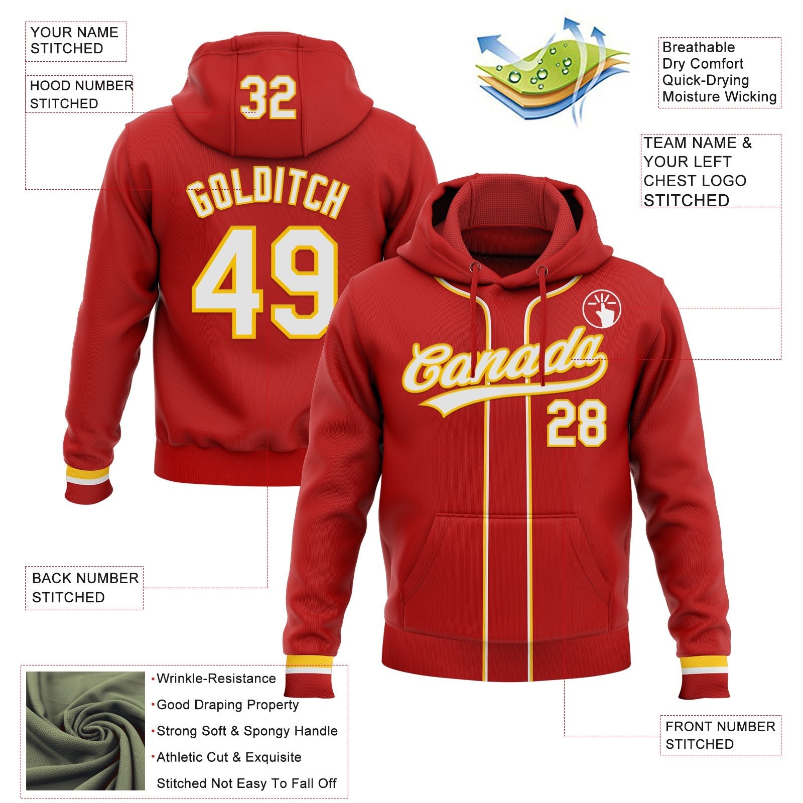 Custom Stitched Red White-Yellow Baseball Pullover Sweatshirt Hoodie photo 2