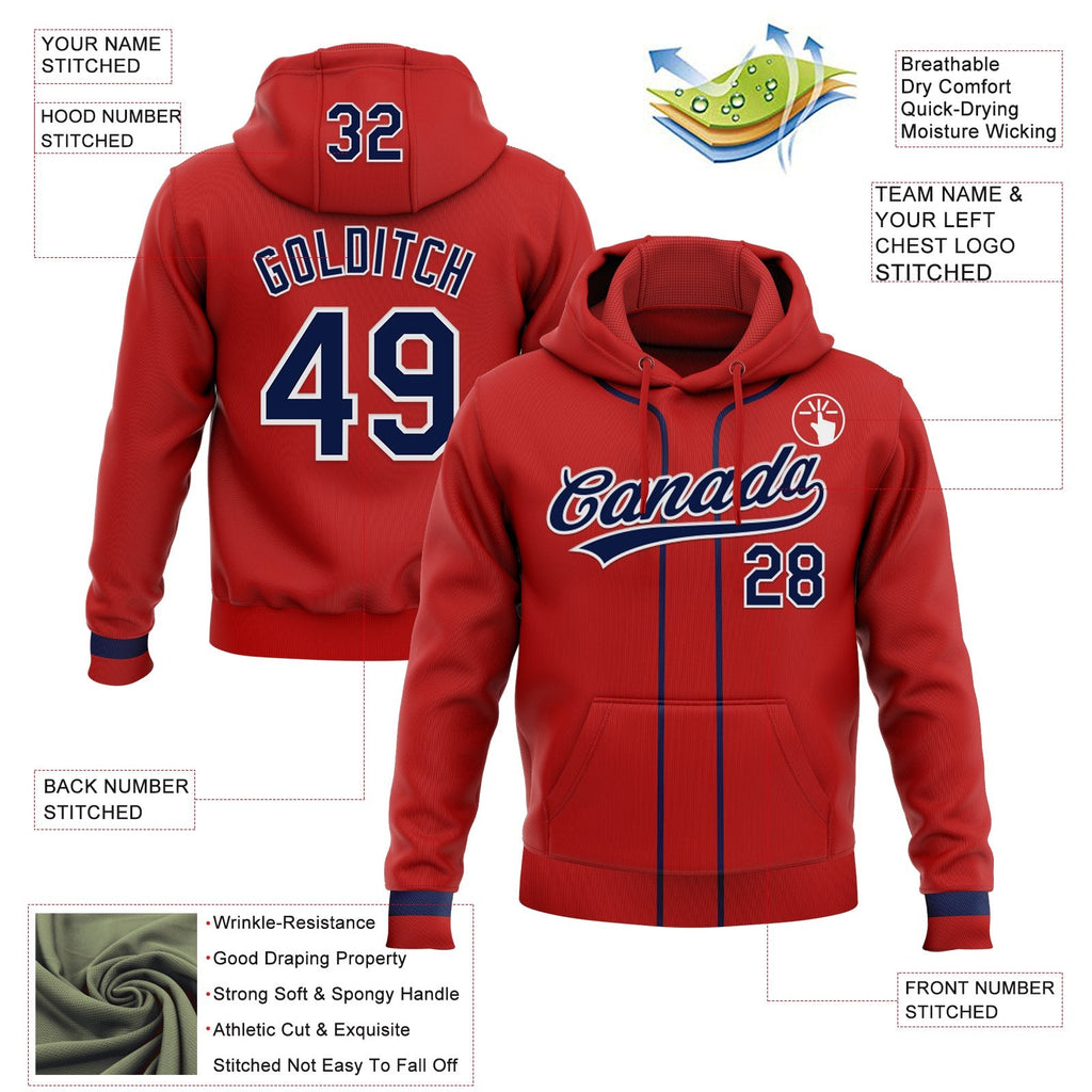 Custom Stitched Red Navy-White Baseball Pullover Sweatshirt Hoodie photo 2