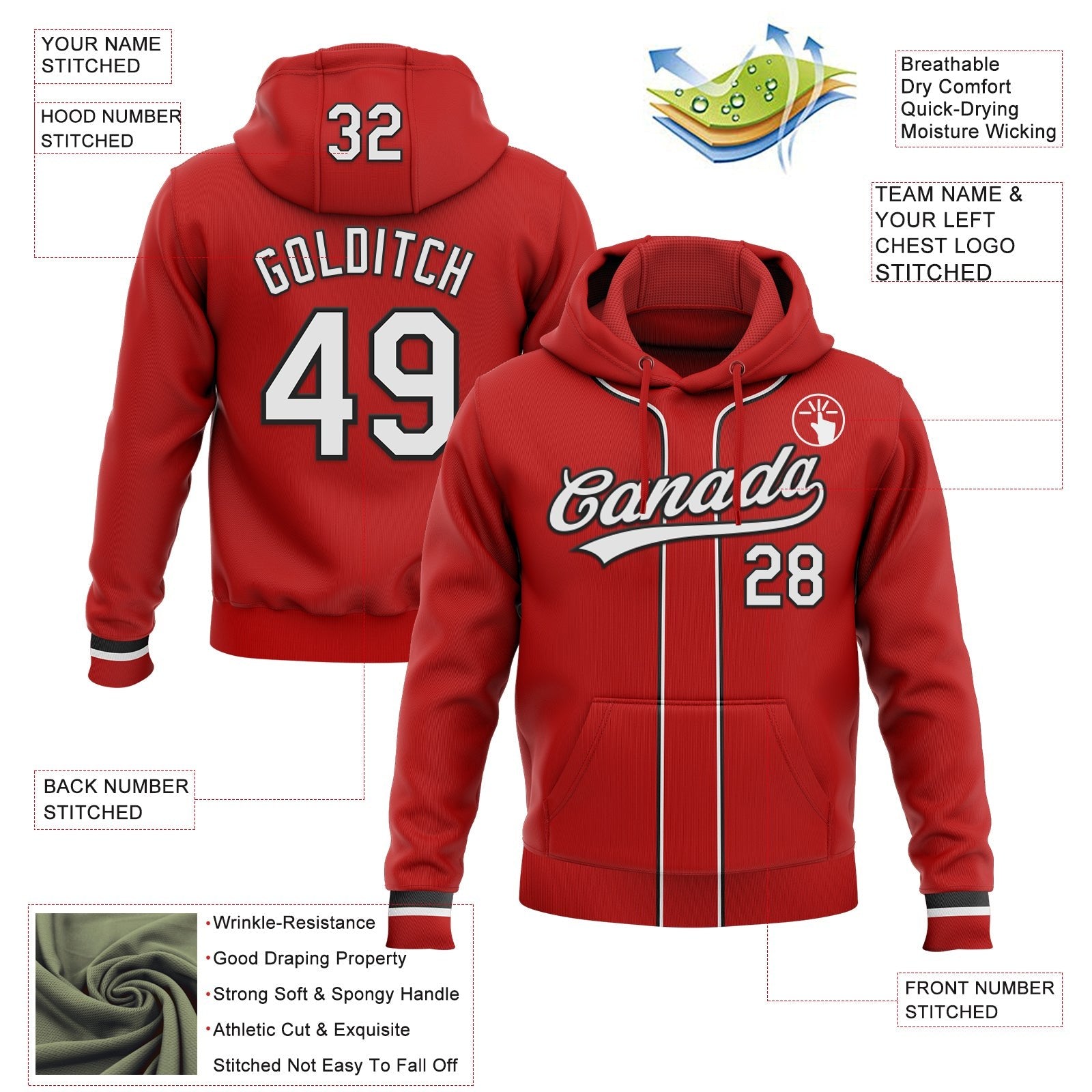 Custom Stitched Red White-Black Baseball Pullover Sweatshirt Hoodie photo 2