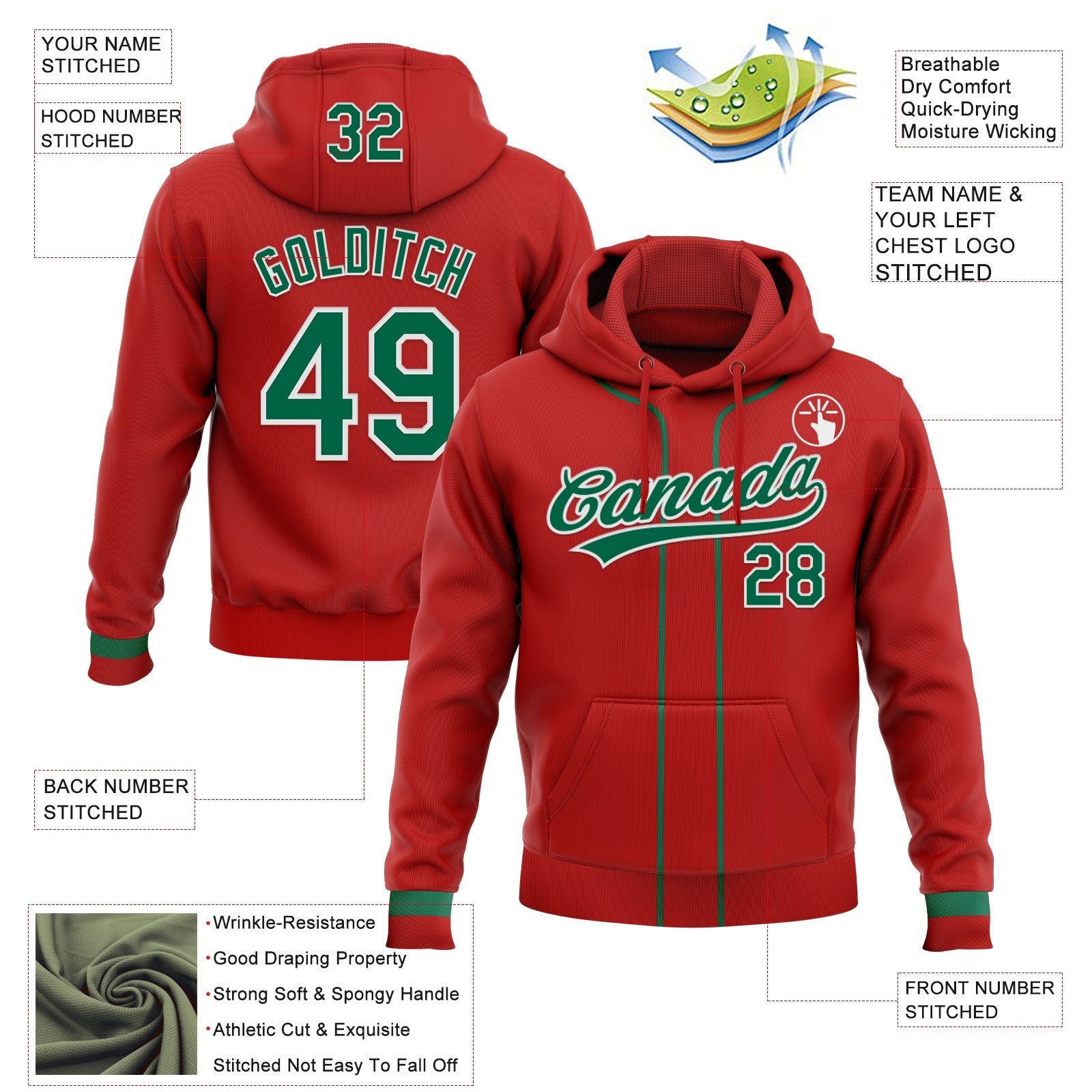 Custom Stitched Red Kelly Green-White Baseball Pullover Sweatshirt Hoodie photo 2