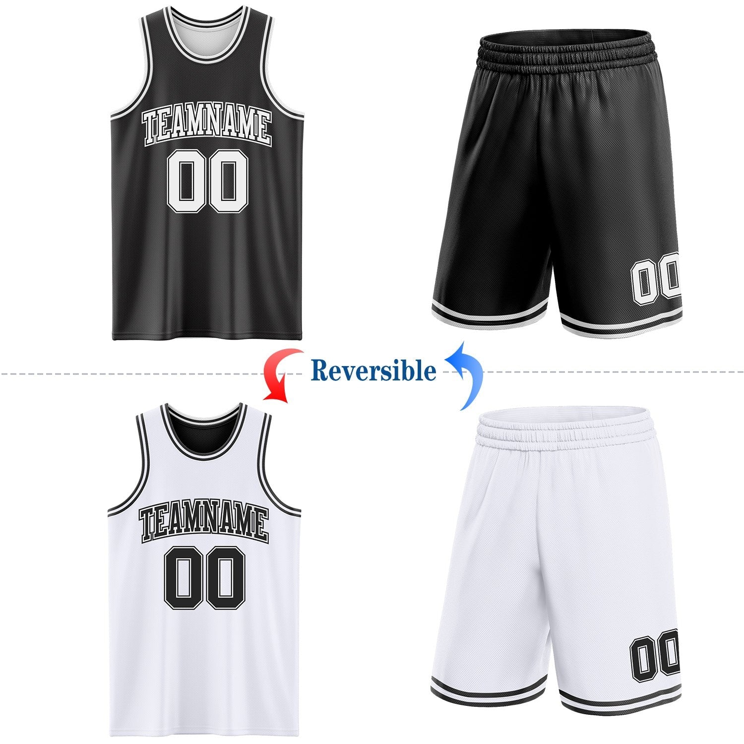 Custom Reversible Black White Double Side Sublimation Basketball Set Jersey photo 2