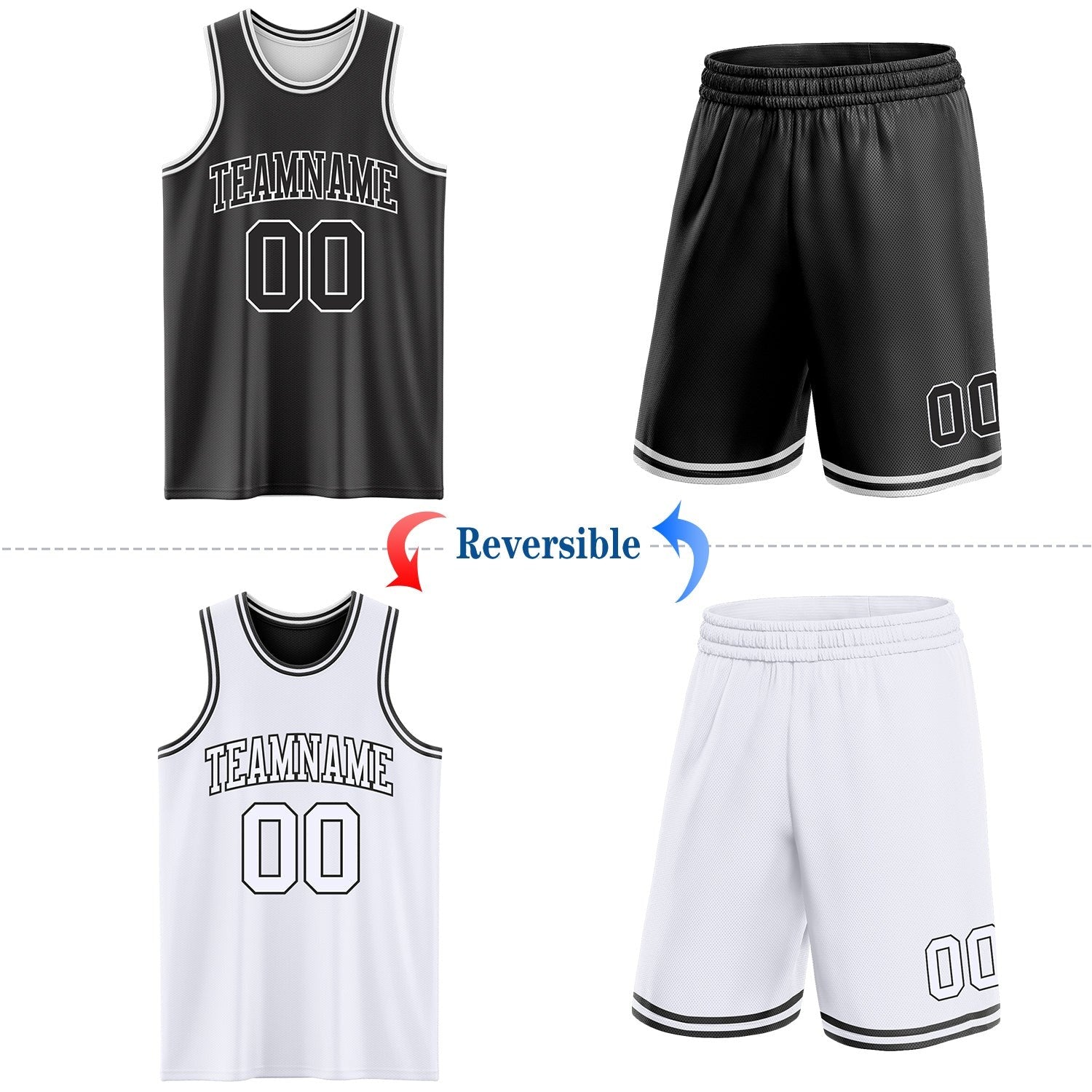 Custom Reversible Black White Double Side Sublimation Basketball Set Jersey photo 2