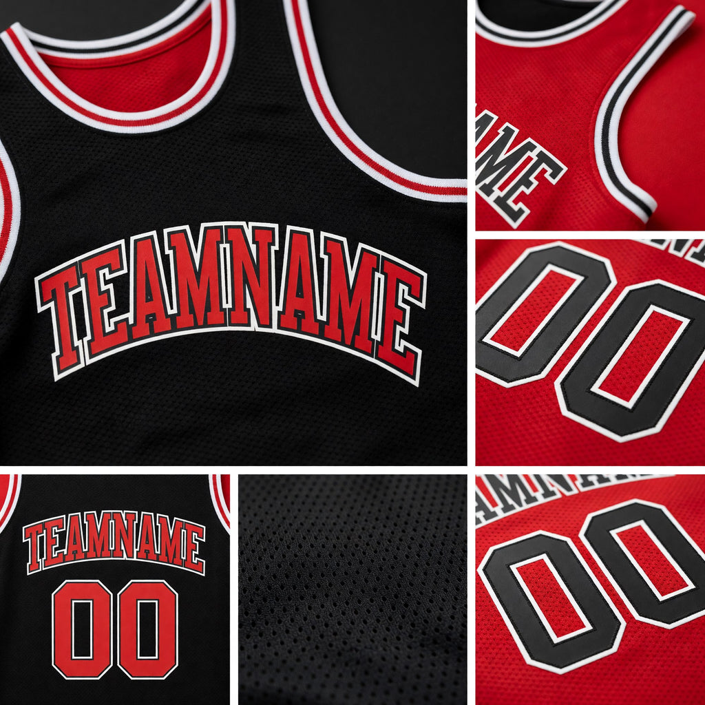 Custom Reversible Black Red-White Double Side Sublimation Basketball Set Jersey detail