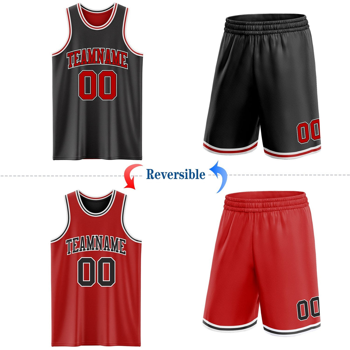 Custom Reversible Black Red-White Double Side Sublimation Basketball Set Jersey photo 2