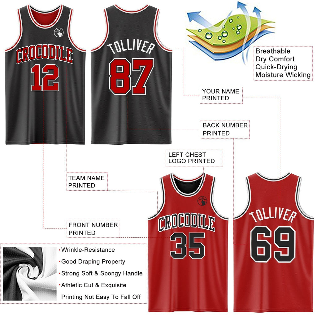 Custom Reversible Black Red-White Double Side Sublimation Basketball Set Jersey photo 5