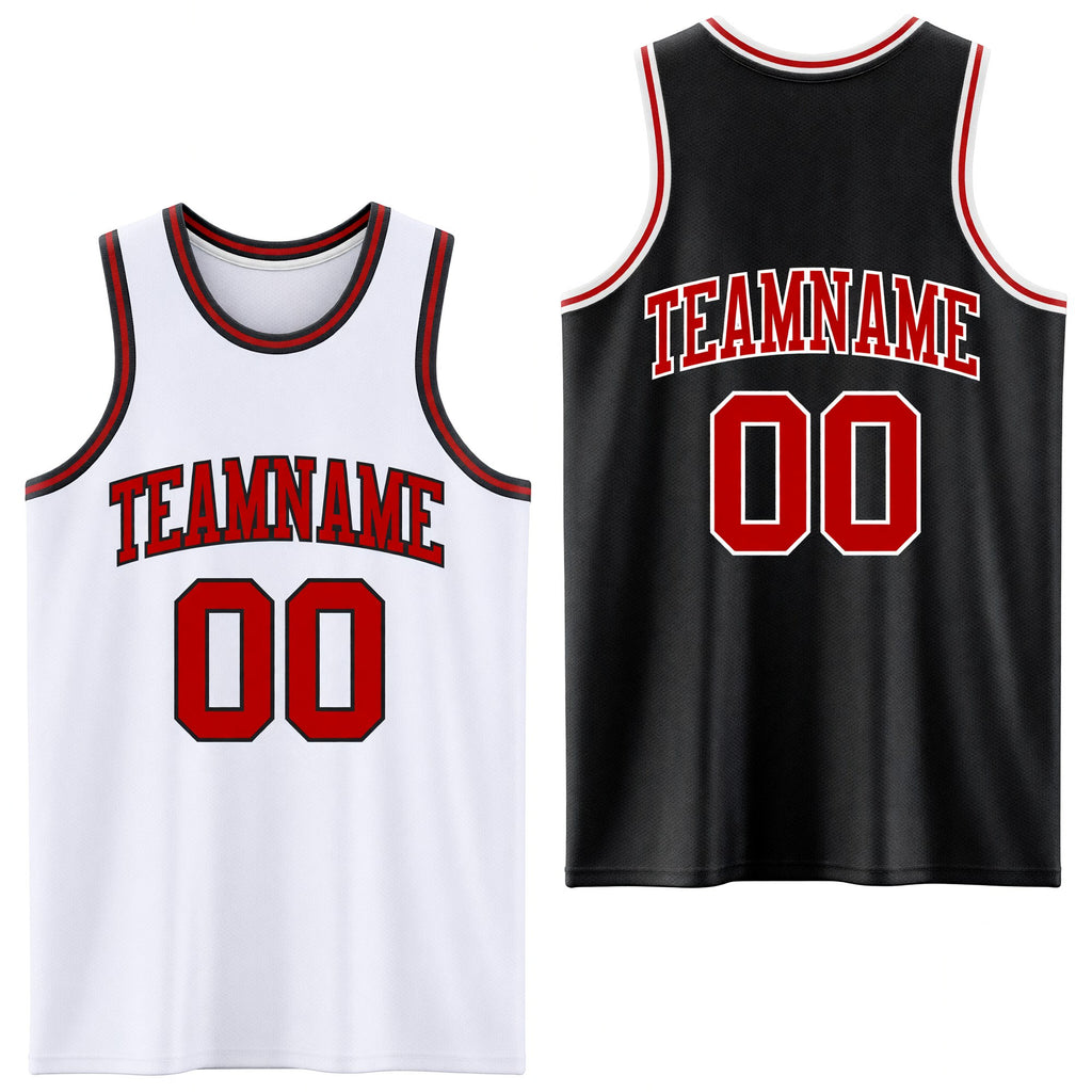 Custom Reversible Black Red-White Double Side Sublimation Basketball Set Jersey