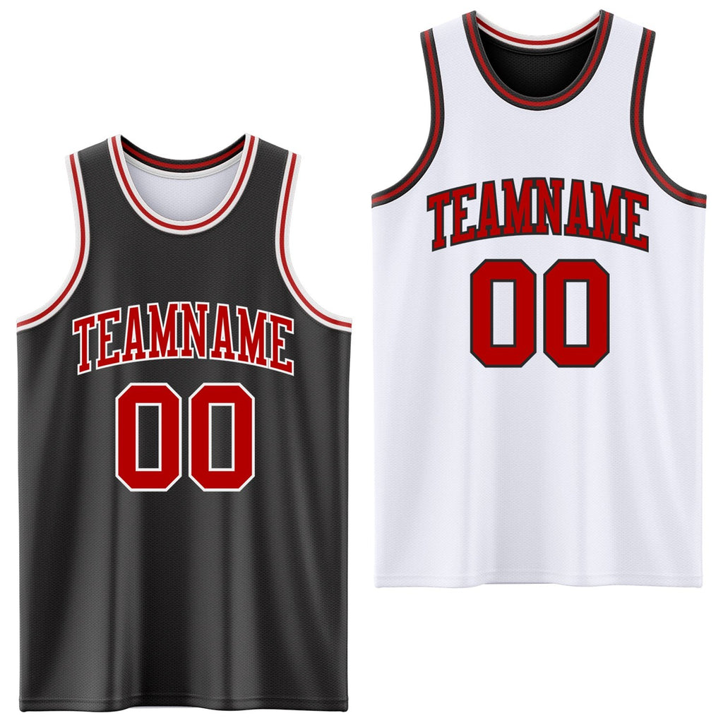 Custom Reversible Black Red-White Double Side Sublimation Basketball Set Jersey photo 1