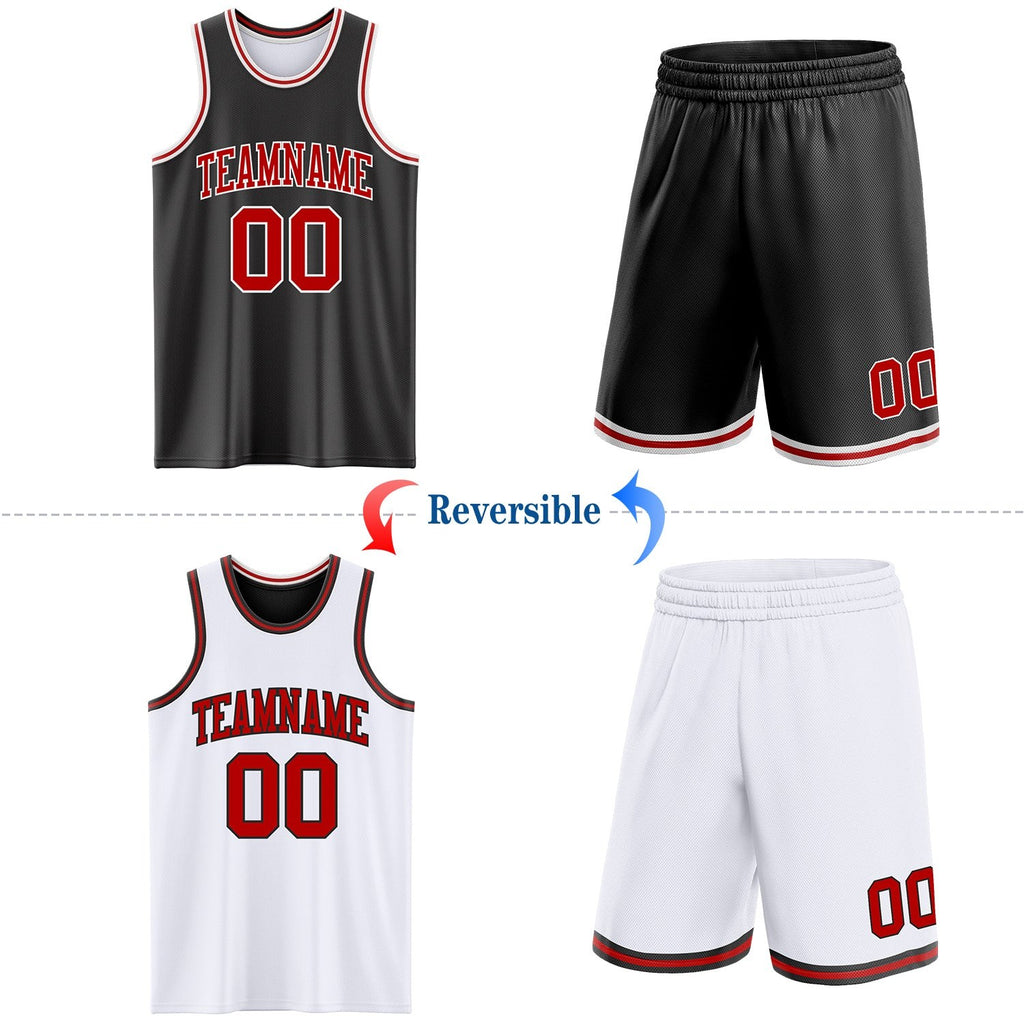 Custom Reversible Black Red-White Double Side Sublimation Basketball Set Jersey photo 2