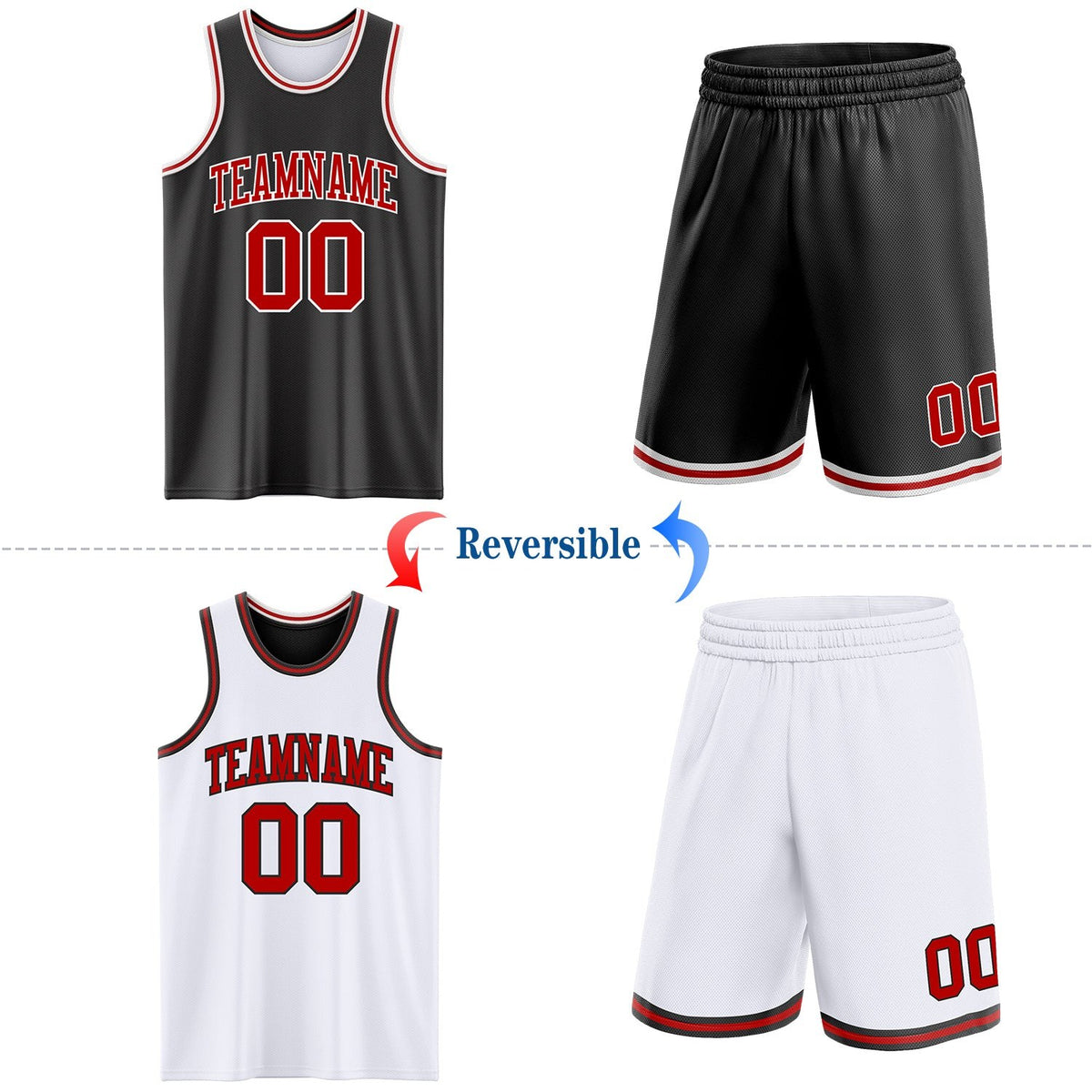 Custom Reversible Black Red-White Double Side Sublimation Basketball Set Jersey photo 2