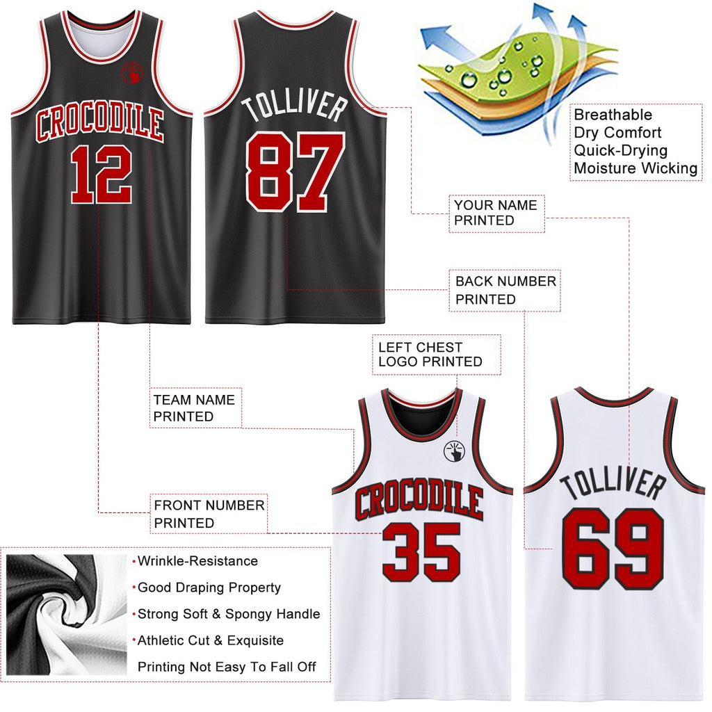 Custom Reversible Black Red-White Double Side Sublimation Basketball Set Jersey photo 5